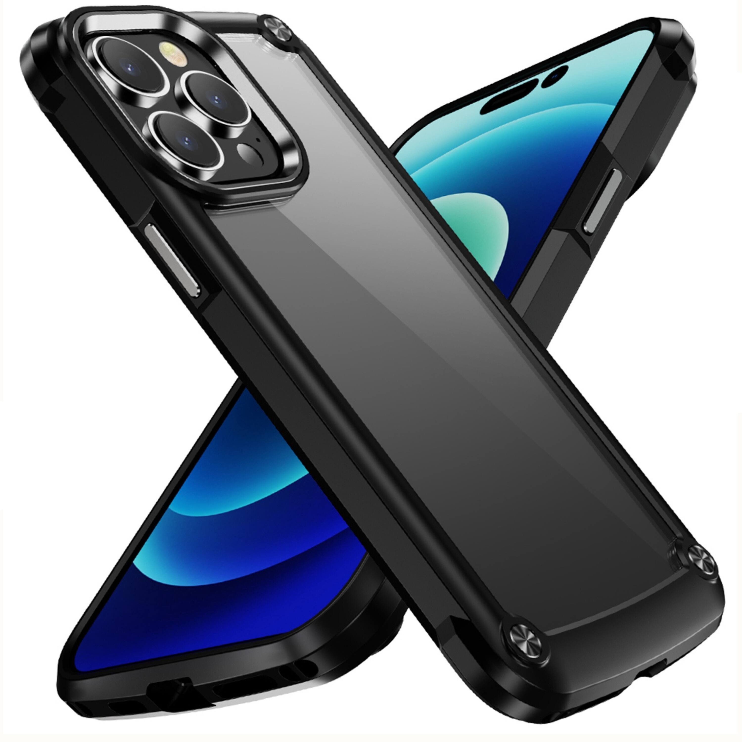 Angle. Kitcheniva - Clear Back Case With Metal Buttons And Two Tempered Glass Protectors For iPhone 15 Red - Red.