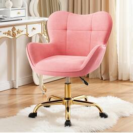 KERDOM - Flower Vanity Chair with Back & Wheels, Swivel Dresser Chair Home Office Desk Chair for Girls, Fleece Cute Makeup Chair - Pink