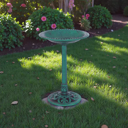 Front. BreeBe - Decorative Green Pedestal Bird Bath & Feeder – Weather-Resistant Garden Accent for Birds - Green.