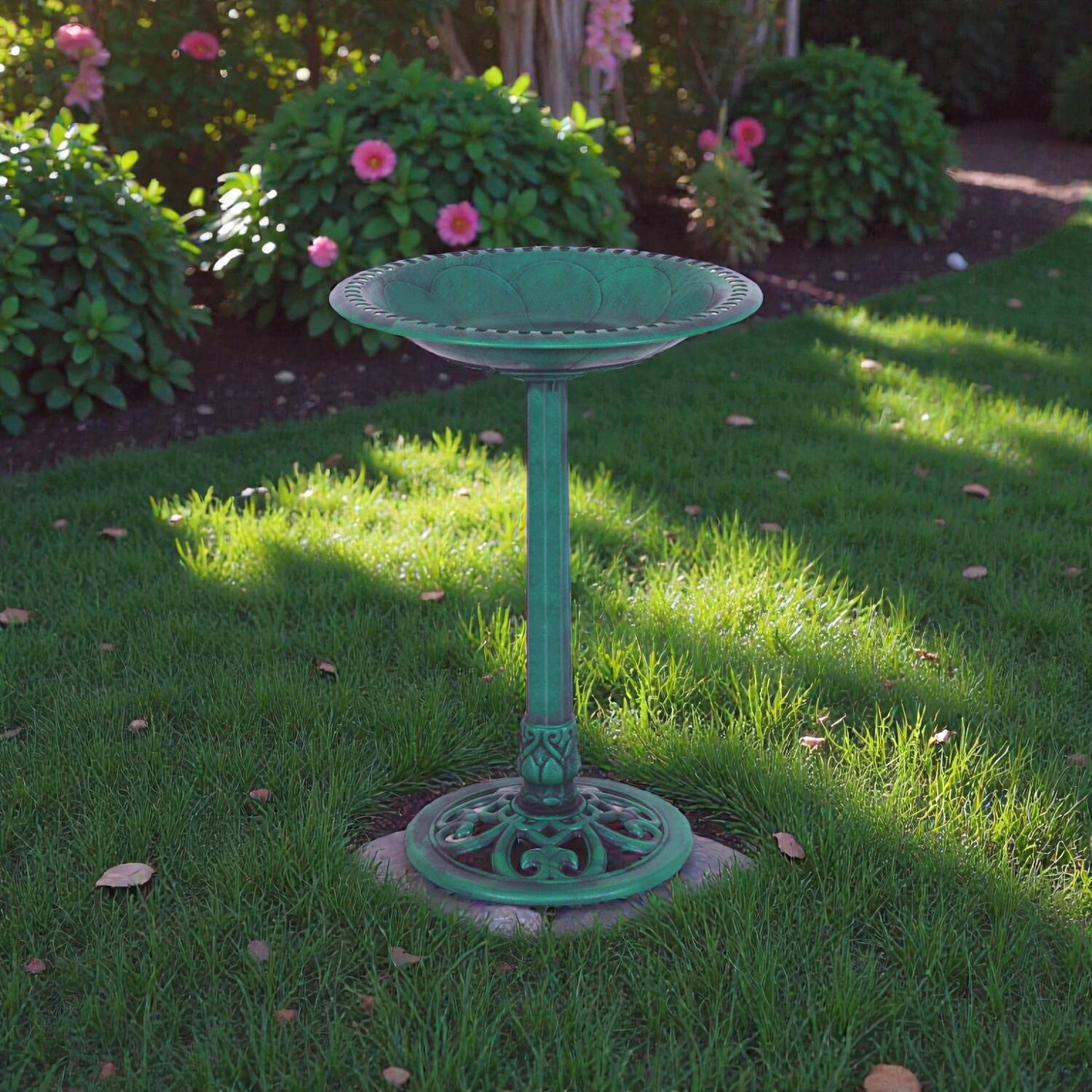 Front. BreeBe - Decorative Green Pedestal Bird Bath & Feeder – Weather-Resistant Garden Accent for Birds - Green.
