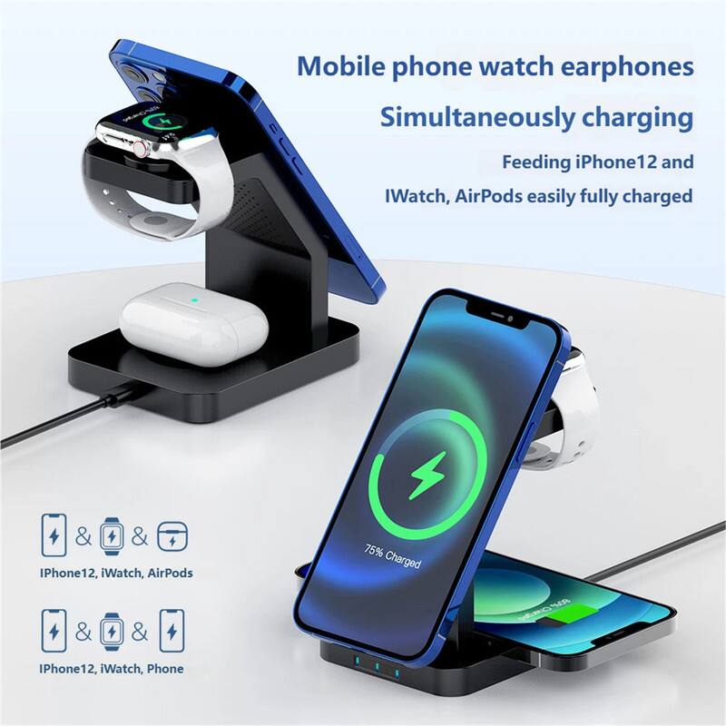 Mobile phone watch earphones  
Simultaneously charging  
Feeding iPhone12 and iWatch, AirPods easily fully charged  

iPhone12, iWatch, AirPods  
iPhone12, iWatch, Phone