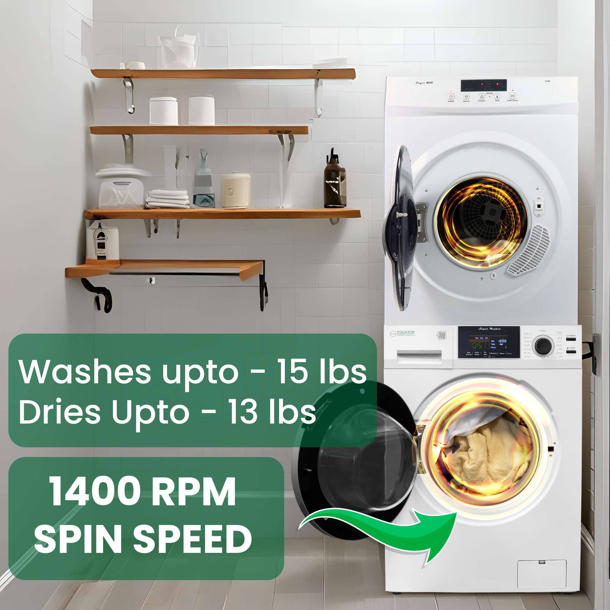 Washes up to - 15 lbs  
Dries up to - 13 lbs  

1400 RPM SPIN SPEED