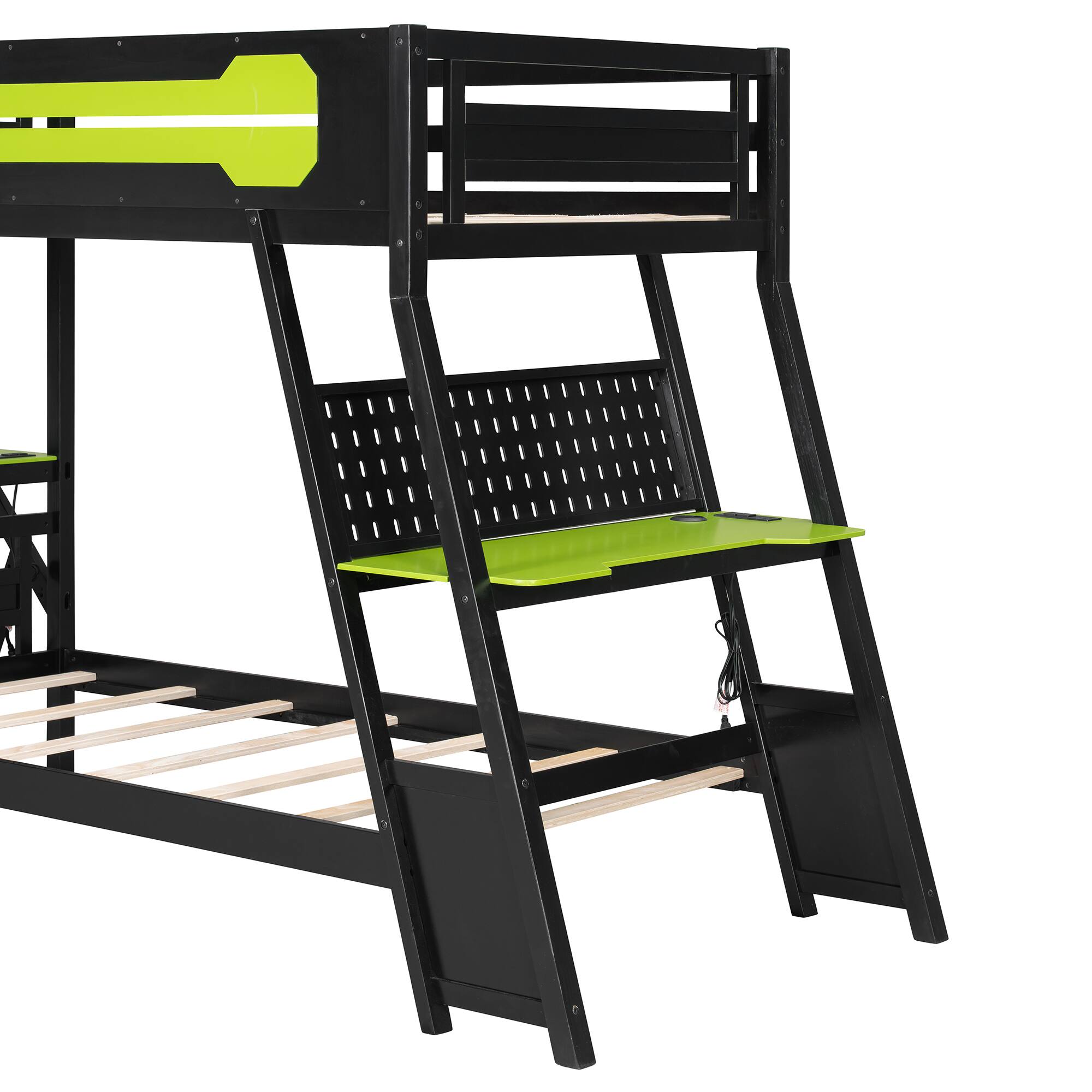 Alt View 4. Anysun - Twin Size Bunk Bed with Two Built-In Gaming Desks, USB Desktop Ports & Pegboard Organizer, Gaming Bunk Frame for Gamer - Green.