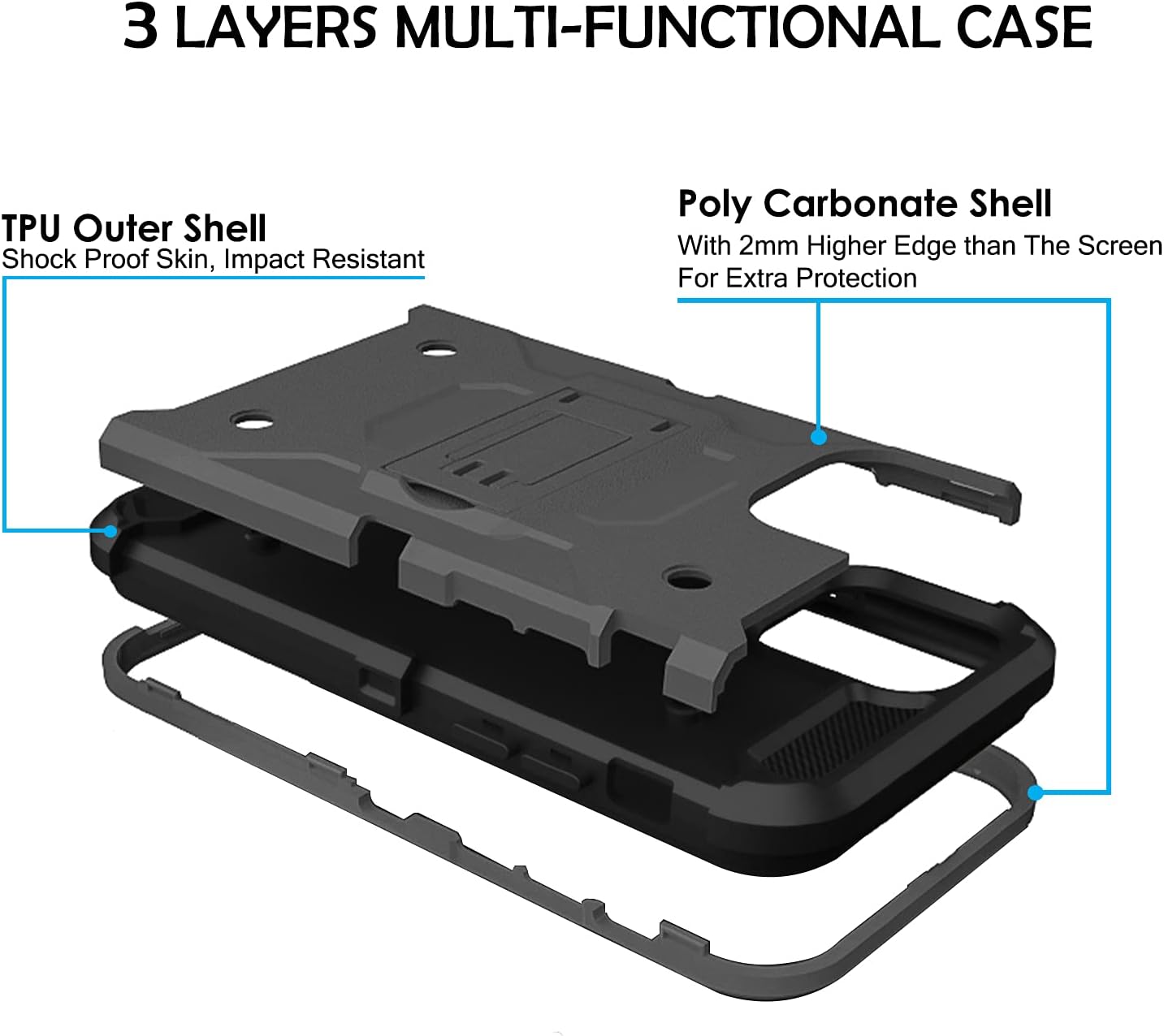 3 LAYERS MULTI-FUNCTIONAL CASE

TPU Outer Shell
Shock Proof Skin, Impact Resistant

Poly Carbonate Shell
With 2mm Higher Edge than The Screen For Extra Protection