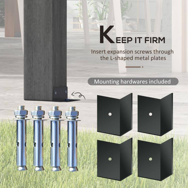 KEEP IT FIRM  
Insert expansion screws through the L-shaped metal plates  
Mounting hardwares included