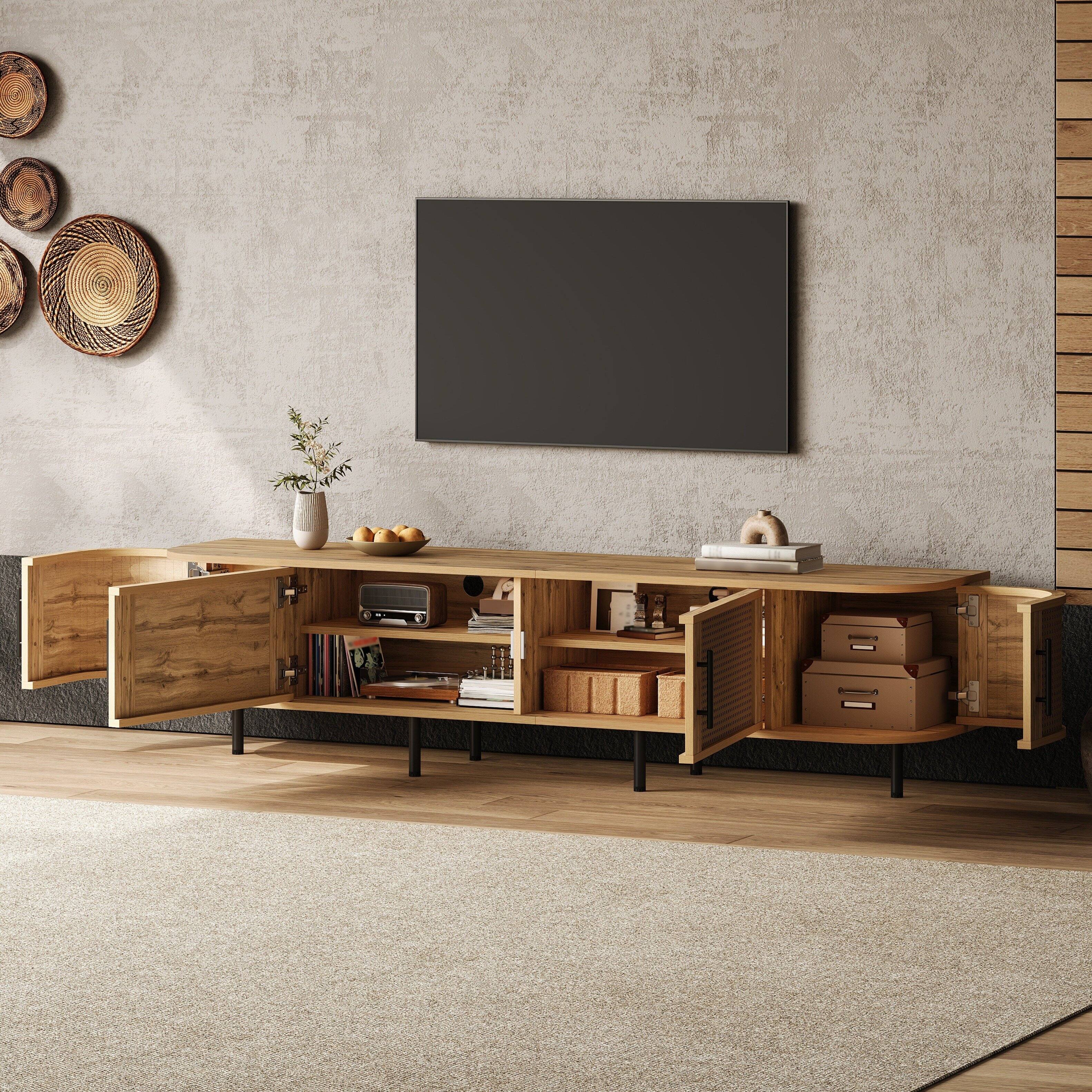 Angle. MERAVOM - TV Stand for up to 80" TVs, Entertainment Center with 4 Doors, Modern Media Console with Storage Cabinet for Living Room - Natural.