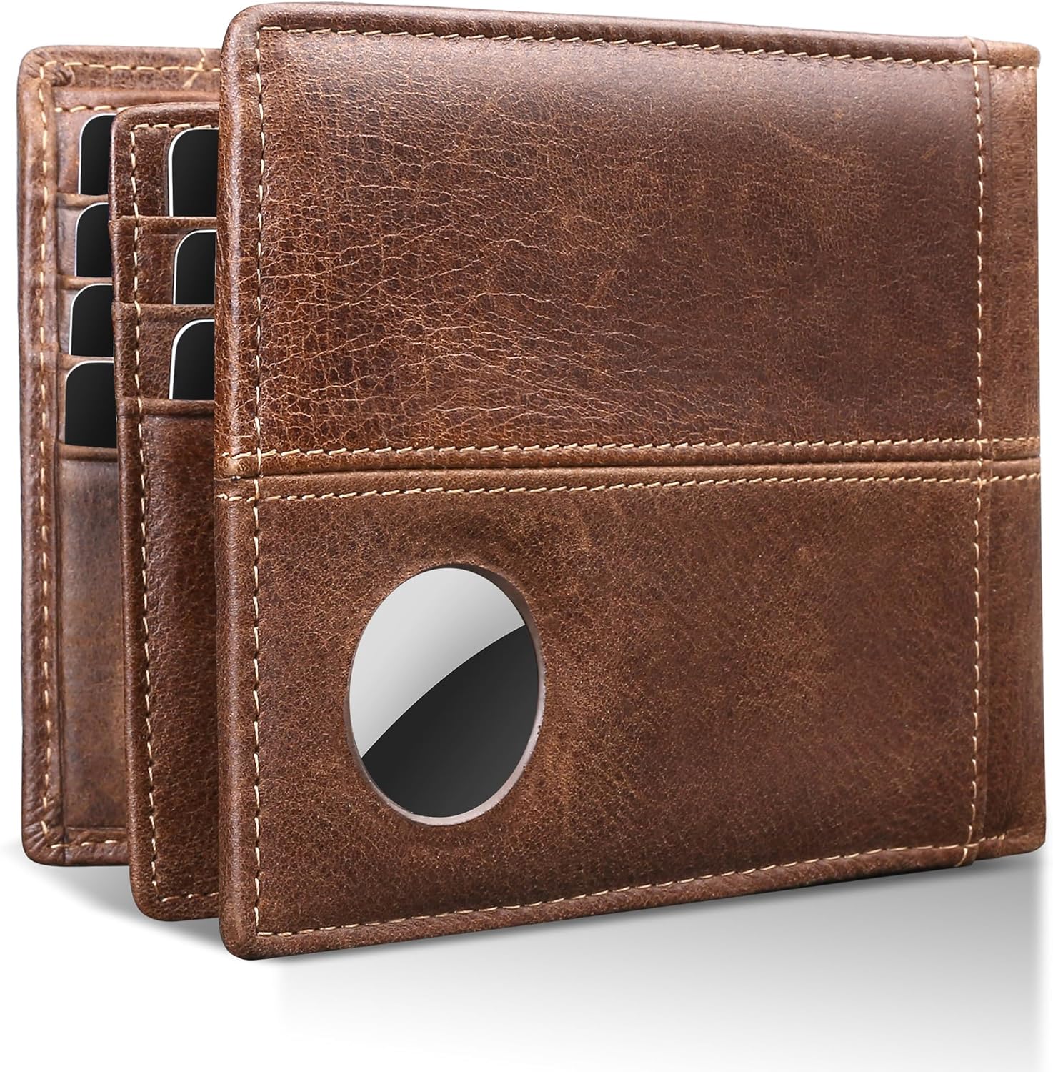 Vulpecula Spade - AirTag Wallet Mens RFID Blocking Genuine Bifold Leather Wallets for air tag Men's Wallet with 1 ID Window 15 Card Slots - Brown-172AT