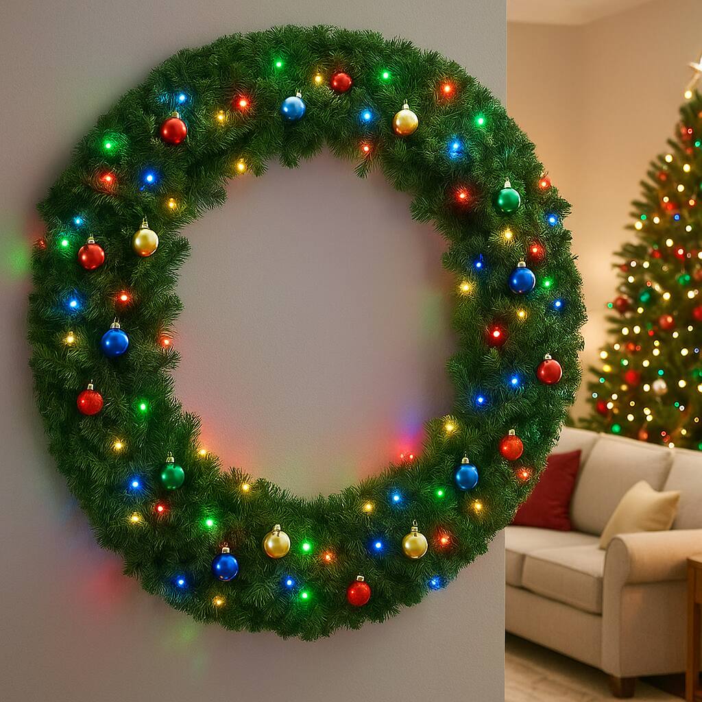 Angle. BreeBe - Christmas Wreath 48in Prelit Cordless with Built-in Lights - Green.