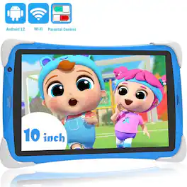 FEONAL - Kids Tablet, Android 12, 64GB, Dual Camera, Preinstalled Kid Apps, Parent Control, Educational Stand - Blue