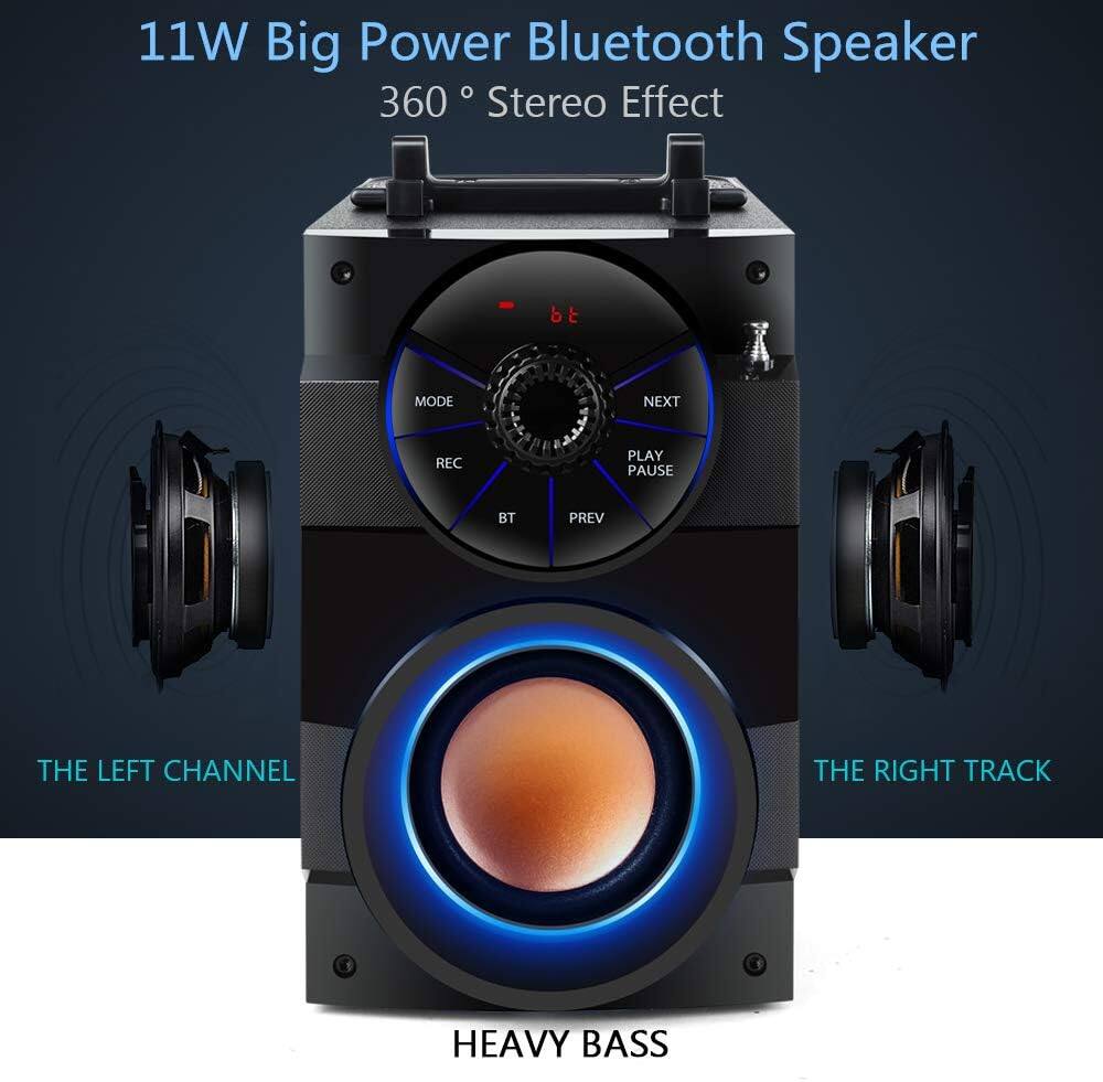 11W Big Power Bluetooth Speaker  
360° Stereo Effect  

- BT MODE  
- NEXT  
- PLAY PAUSE  
- PREV  
- REC  
- THE LEFT CHANNEL  
- THE RIGHT TRACK  
- HEAVY BASS