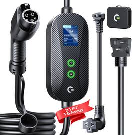 Core Tech - Level 1 and Level 2 Portable EV Charger with J1772 Connector, Adjustable 8–16A Current, Timer and 21ft Cable - Black