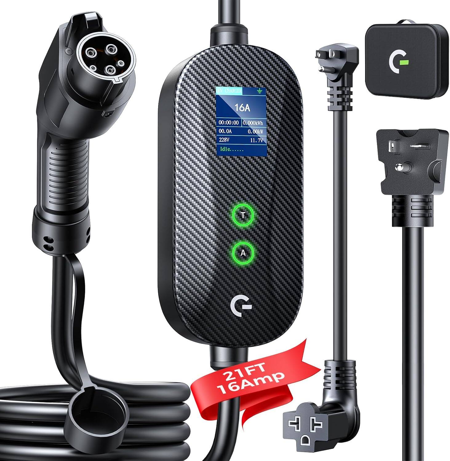 EV CHARGE 16A  
00:00:00  
0.000kWh  
A000  
0.00kV  
228V  
11.7V  
Idle......  
T A  
21FT  
16Amp