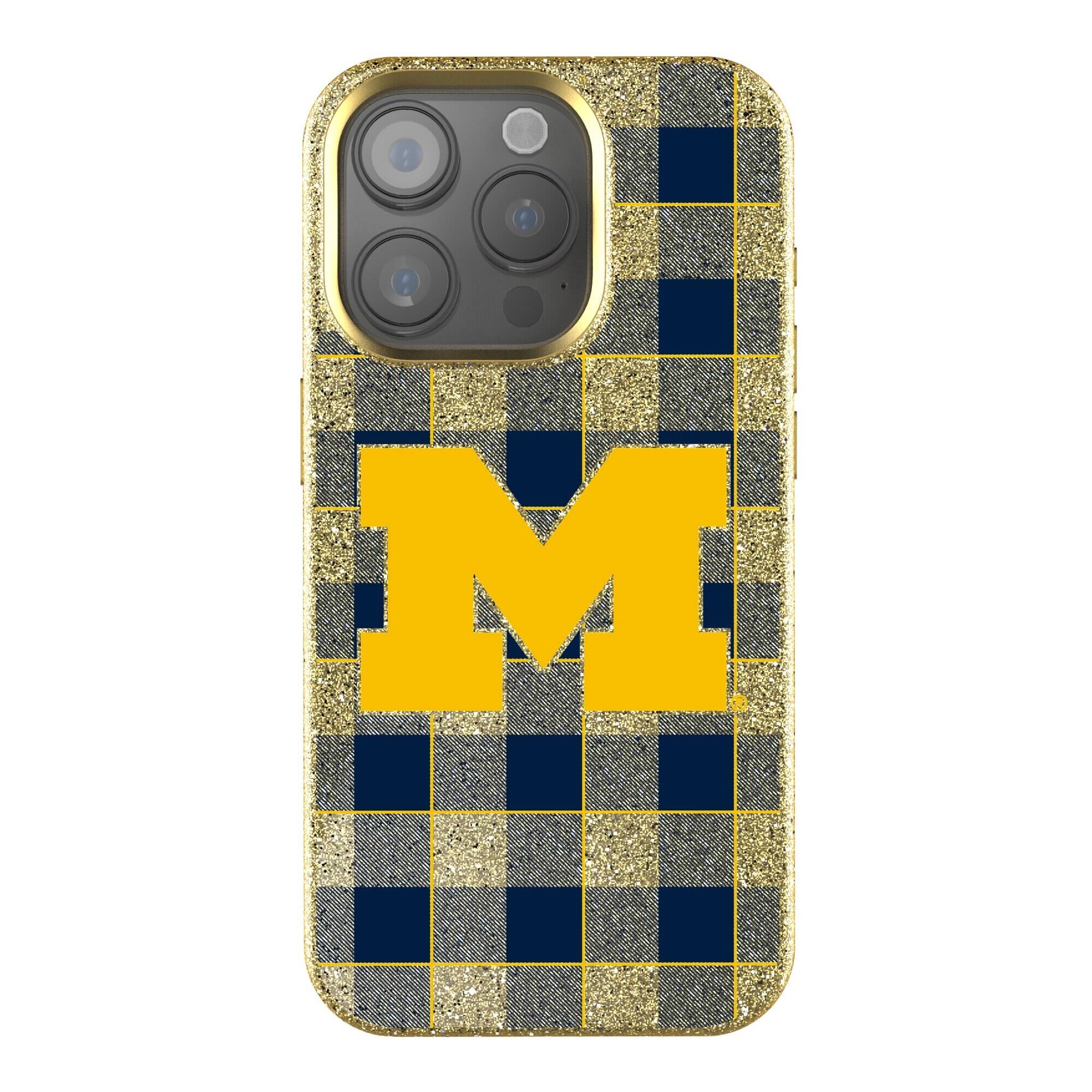 Front. Keyscaper - Michigan Wolverines Plaid Bling iPhone Case - 16 Plus - Gold.