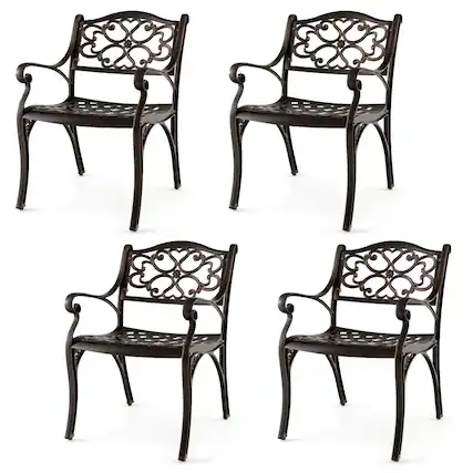 Front. Costway - 4 PCS Cast Aluminum Patio Chairs Set of 4 Outdoor Dining with Armrests & Curved Seats - Bronze.