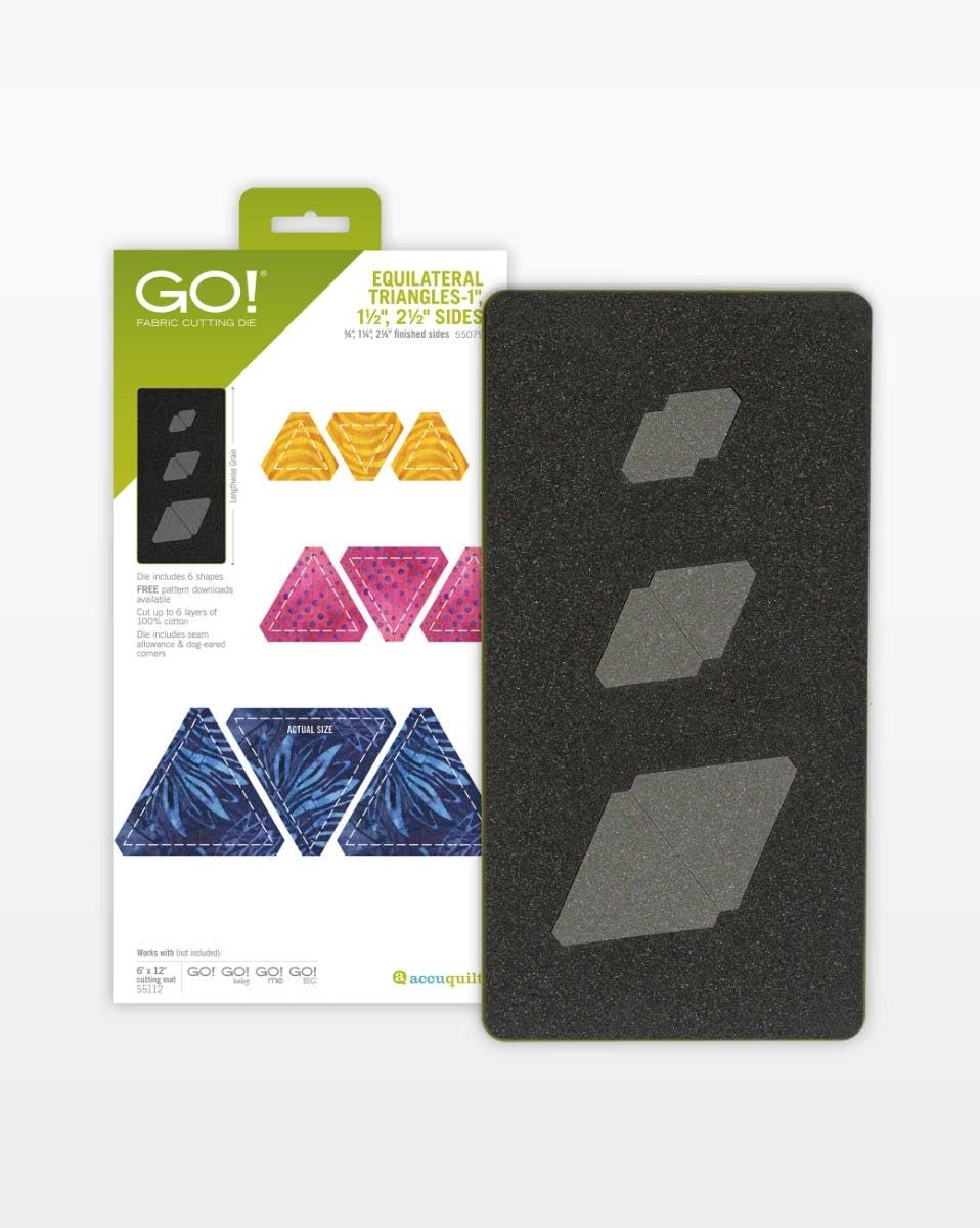 GO! FABRIC CUTTING DIE EQUILATERAL TRIANGLES-1" 11/2", 21/2" SIDES Die includes 6 shapes FREE pattern downloads Cut up to 6 layers of 100% cotton Die includes seam allowance & dog-eared corners ACTUAL SIZE Works with (not included) GO! GO! GO! GO! accuquilt