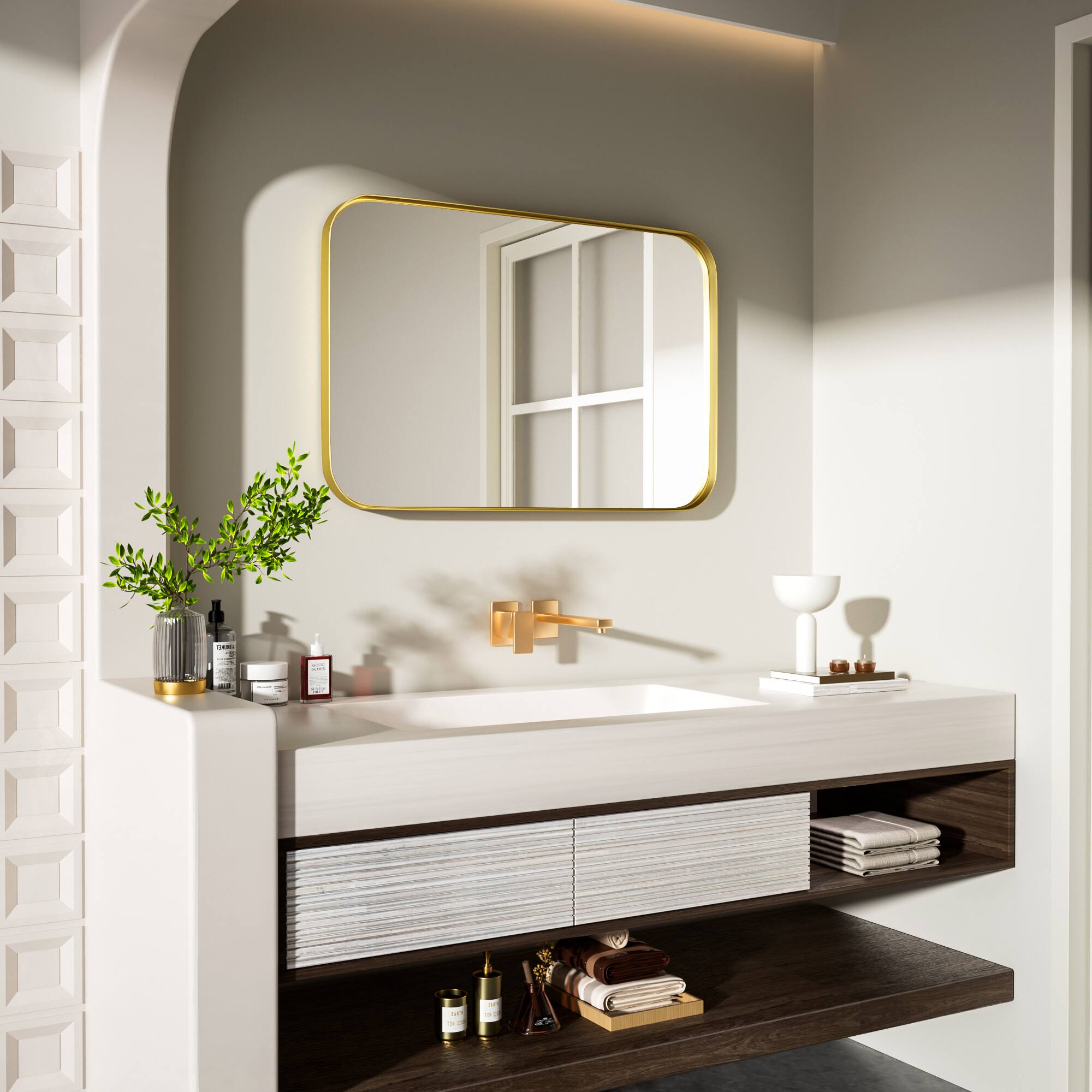 Left. LOVMOR - Tempered Glass Rounded Rectangle Framed Wall-Mounted Bathroom Vanity Mirror - 20" x 30" - Gold.