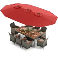 Costway 10 Pieces Patio Wicker Dining Set with Double-Sided Patio Umbrella 8 Armchairs - Red,Mix Brown - Front_Zoom