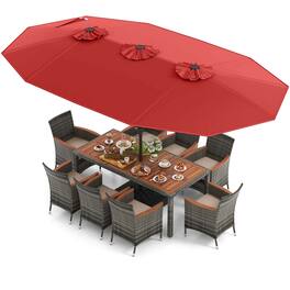 Costway - 10 Pieces Patio Wicker Dining Set with Double-Sided Patio Umbrella 8 Armchairs - Red,Mix Brown