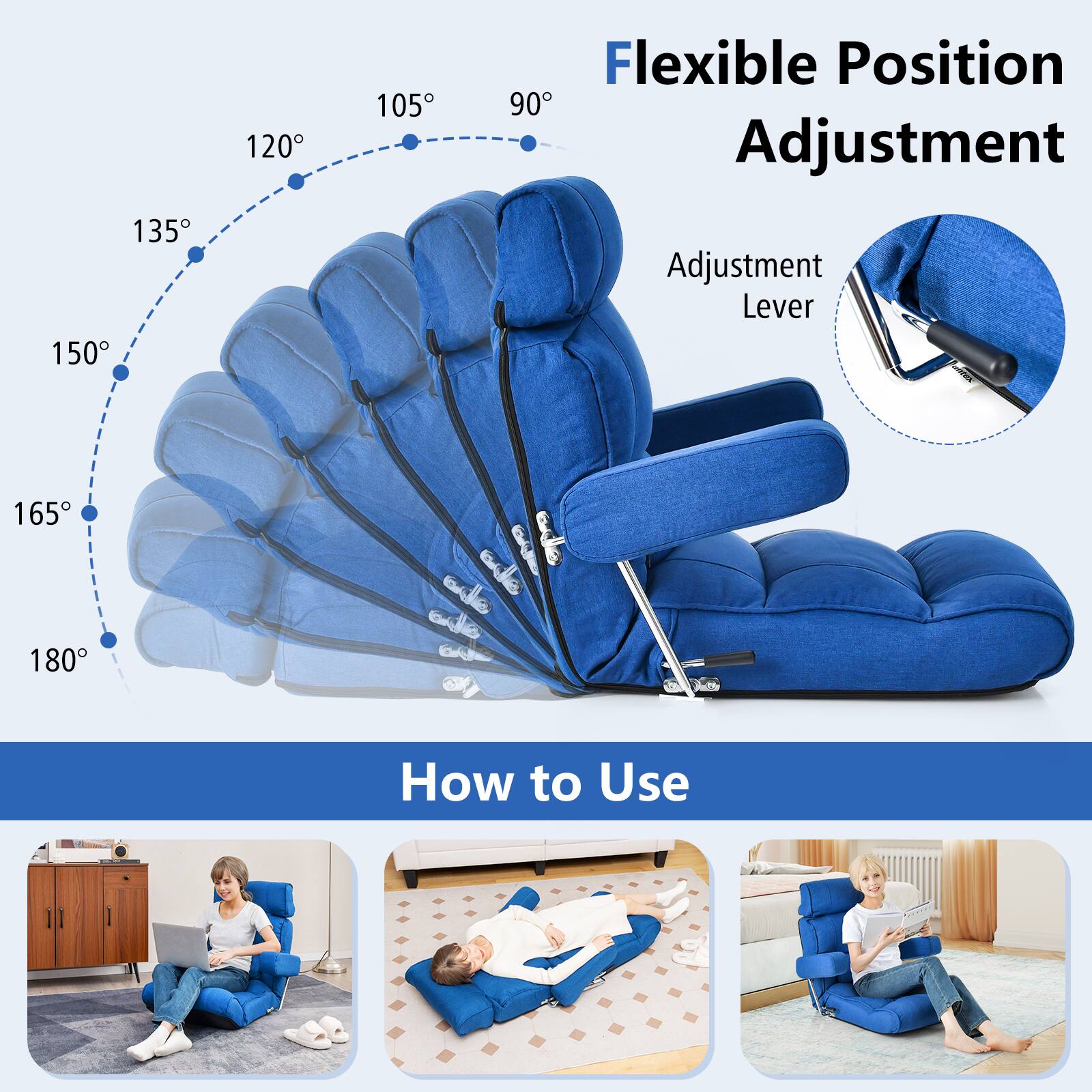 135° 150° 120° 105° Flexible Position Adjustment Adjustment Lever 165° 180° How to Use