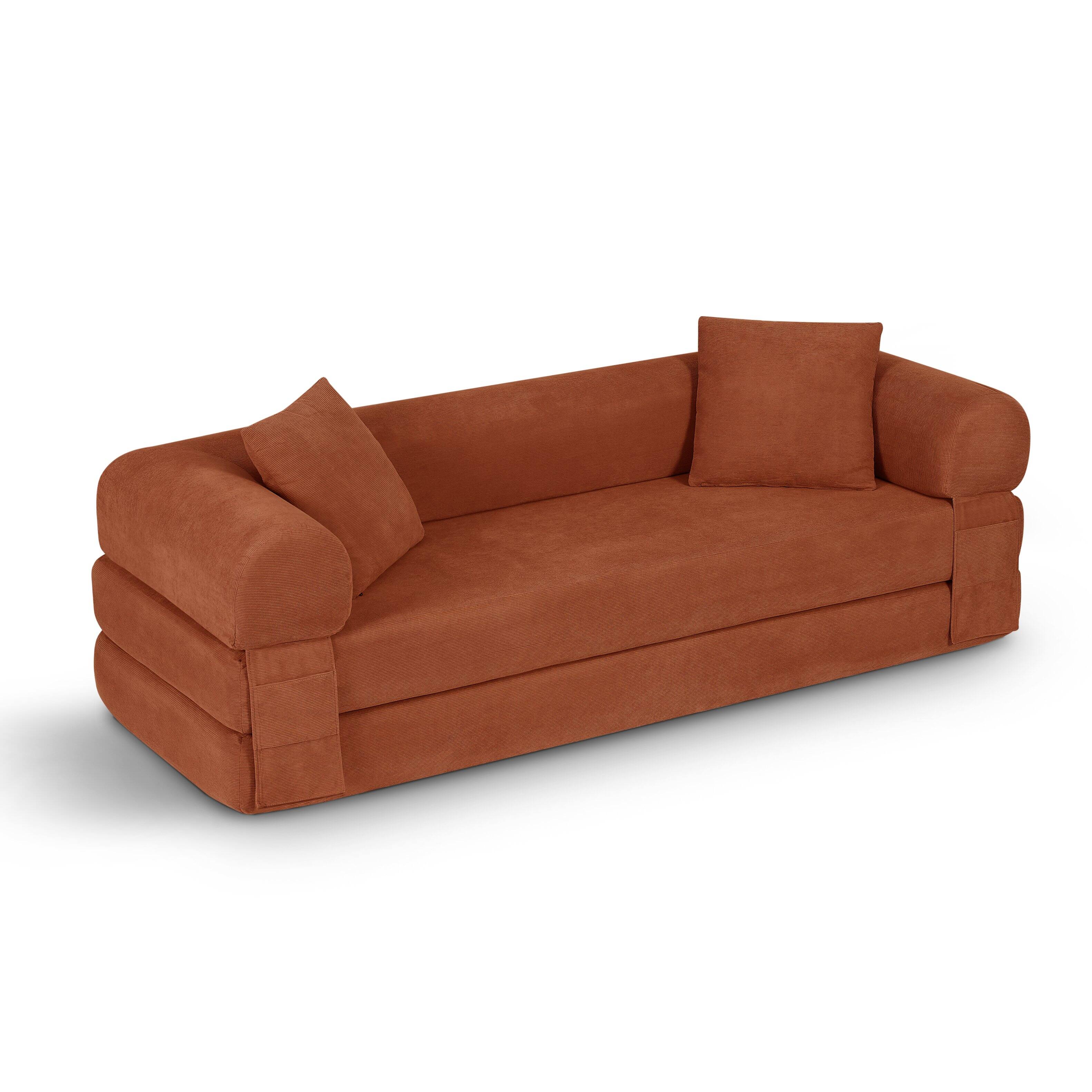 Angle. Loheer - Loheer 80 Inch Convertible Sofa Bed Queen Corduroy Fold Out Couch with Storage - Orange.