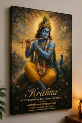 FC Design - Large Krishna Flute Peacock Canvas Print 24x36" Divine Nature Fantasy Spiritual Art Painting Home Wall Decor - MultiColor