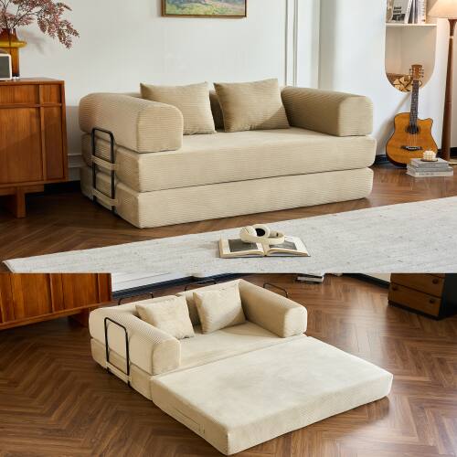Angle. Anysun - 59" Corduroy Convertible Sleeper Sofa Bed with Cylindrical Pillow - Folding Mattress Couch for Living Room & Bedroom - Beige.