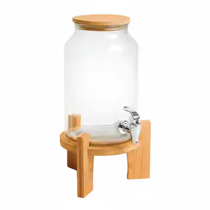 Front. Jay Import - Delray Glass Beverage Dispenser with Bamboo Lid & Stand (4L / 1 Gal) - Clear.