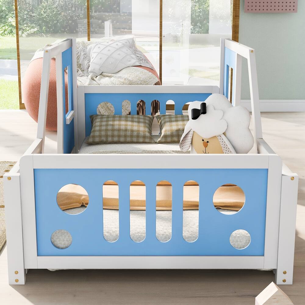 Left. Loheer - Loheer Twin Size Classic Car Shaped Platform Bed with Wheels, Blue Kids Wooden Bed Frame - Blue.
