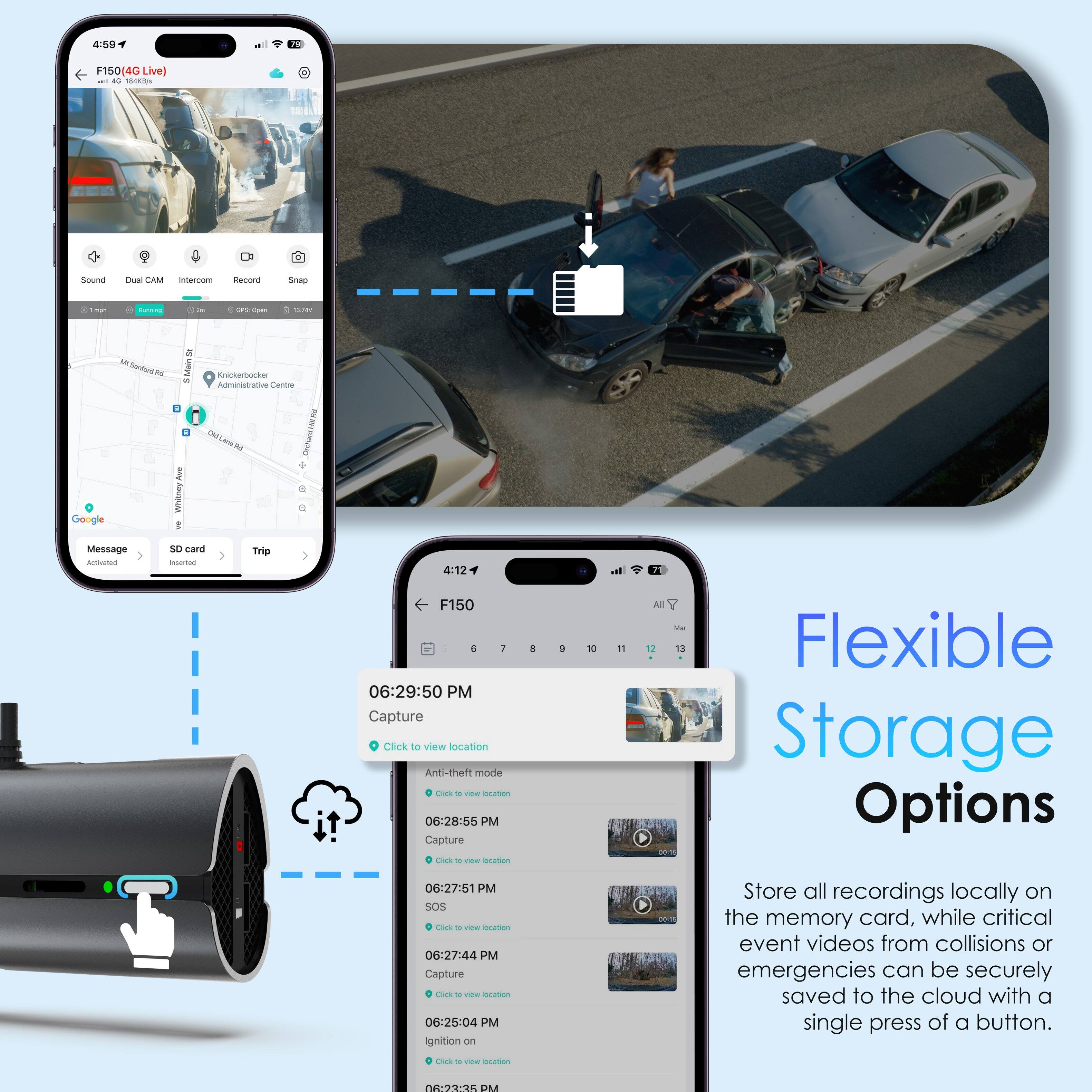 The text on the image can be grouped and corrected as follows:

1. Flexible Storage Options:
- Store all recordings locally on the memory card.
- While critical event videos from collisions or emergencies can be securely saved to the cloud with a single press of a button.

The text describes the benefits of using flexible storage options for a dash cam, which allow users to store all recordings on the memory card and securely save critical event videos to the cloud with a single press of a button. This provides users with the convenience of having their recordings readily accessible on the memory card while ensuring that important videos are safely stored in the cloud.