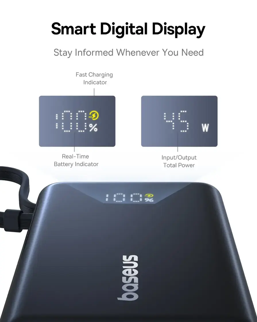 Smart Digital Display: Stay informed whenever you need. Fast charging indicator: 100% 1/5 W. Real-time battery indicator: Input/Output Total Power.