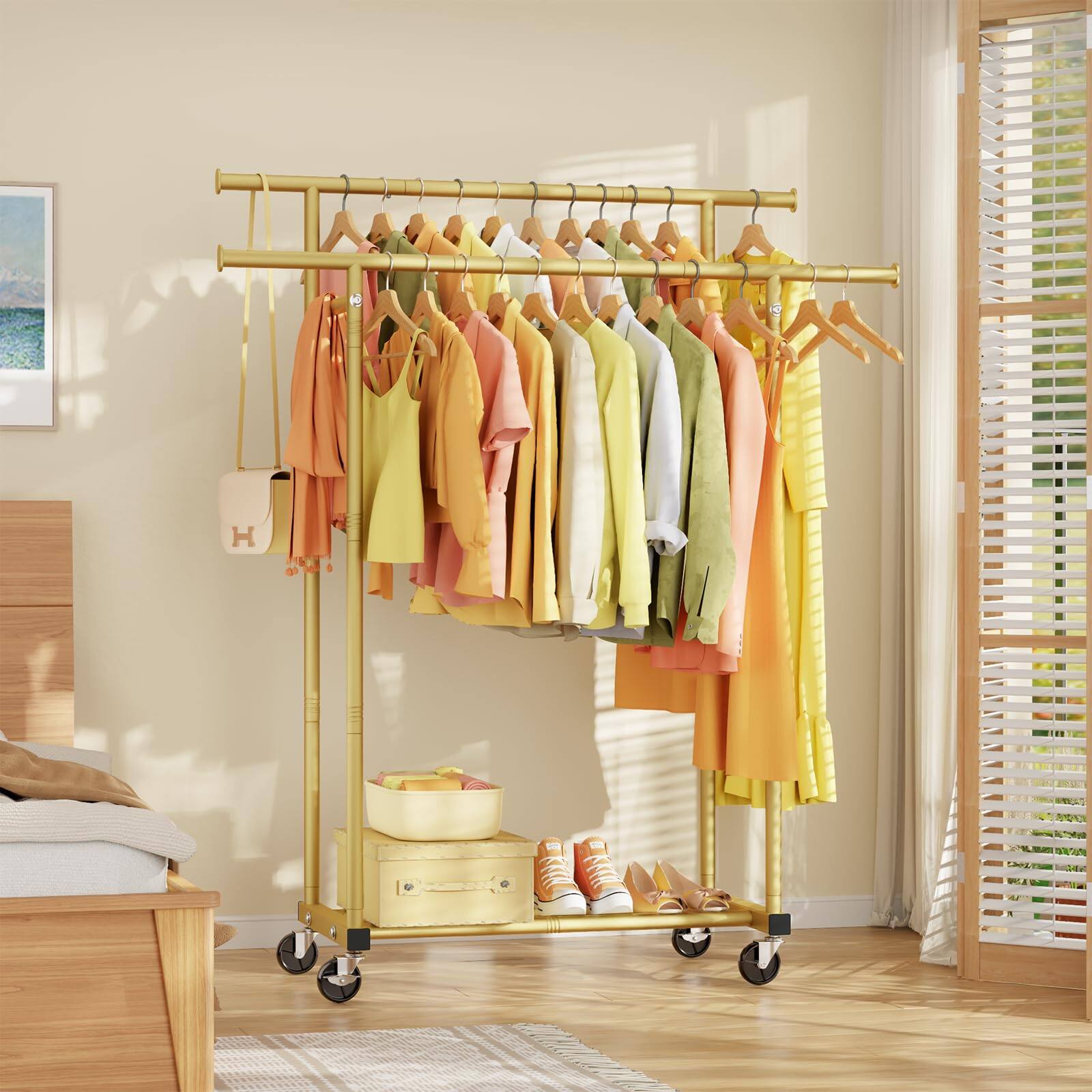 Alt View 7. Hirose Alice - Double Rods Clothes Rack  Sturdy Rolling Clothing Rack  Clothing Racks for Hanging Clothes   Metal Garment - Gold Double Rod.