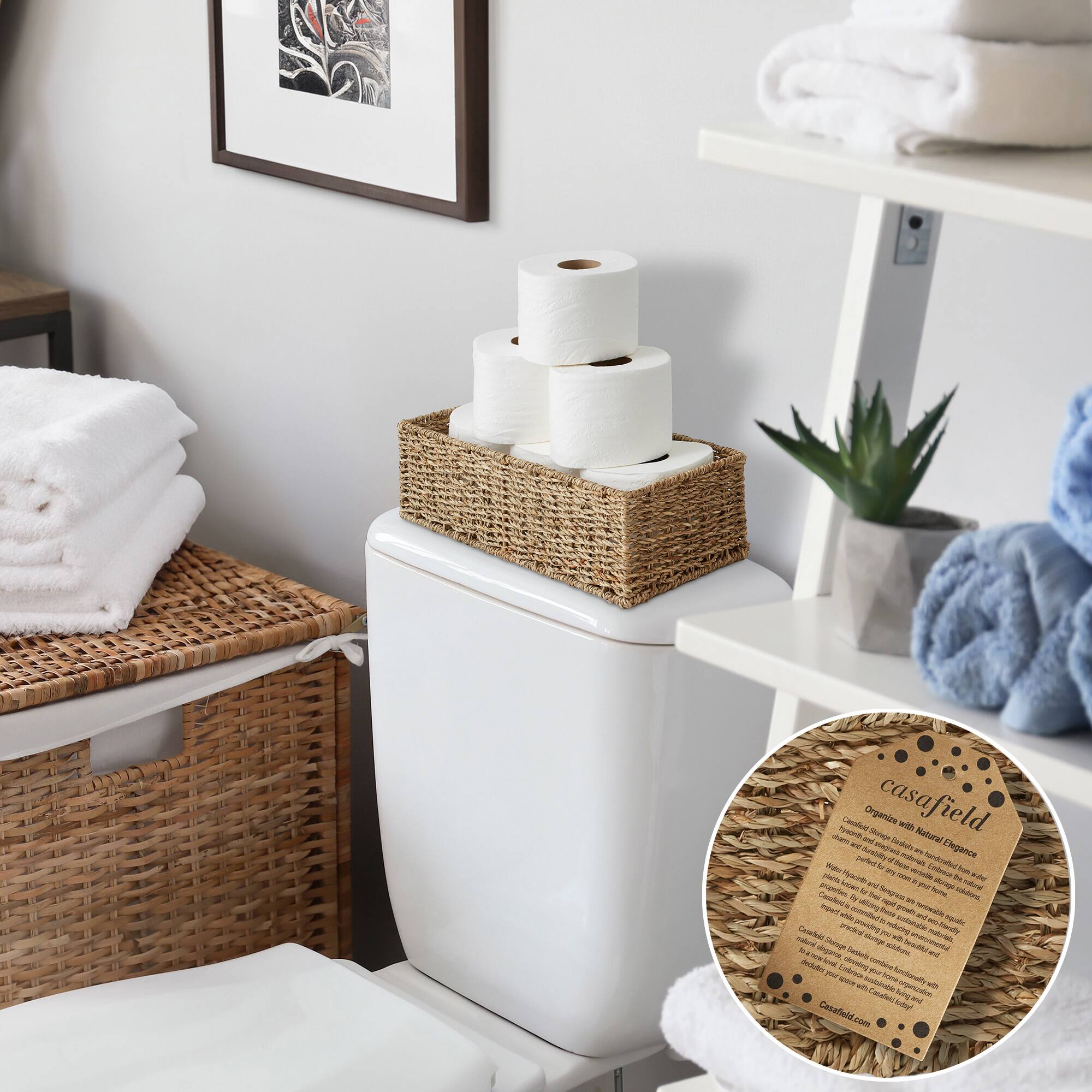 Organize a serene bathroom with natural elegance. This stylish basket is perfect for storing toilet paper and other essentials. It features a sturdy woven design and a removable lid for easy access. The basket is made from sustainable materials and is designed to fit seamlessly into any bathroom decor.