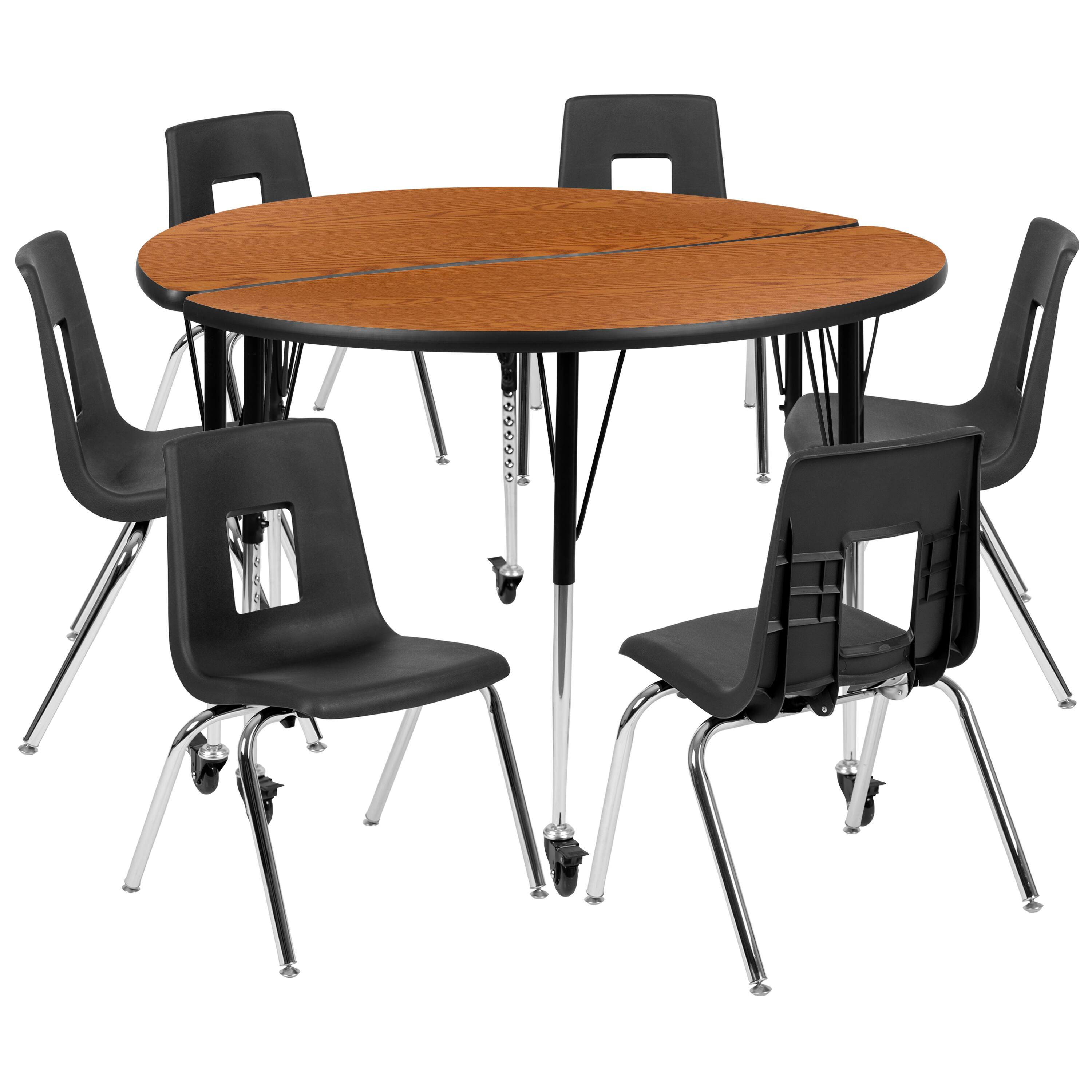 Alt View 1. Emma + Oliver - Mobile 47.5" Circle Wave Collaborative Laminate Activity Table Set with 18" Student Stack Chairs, Grey/Black - Oak.