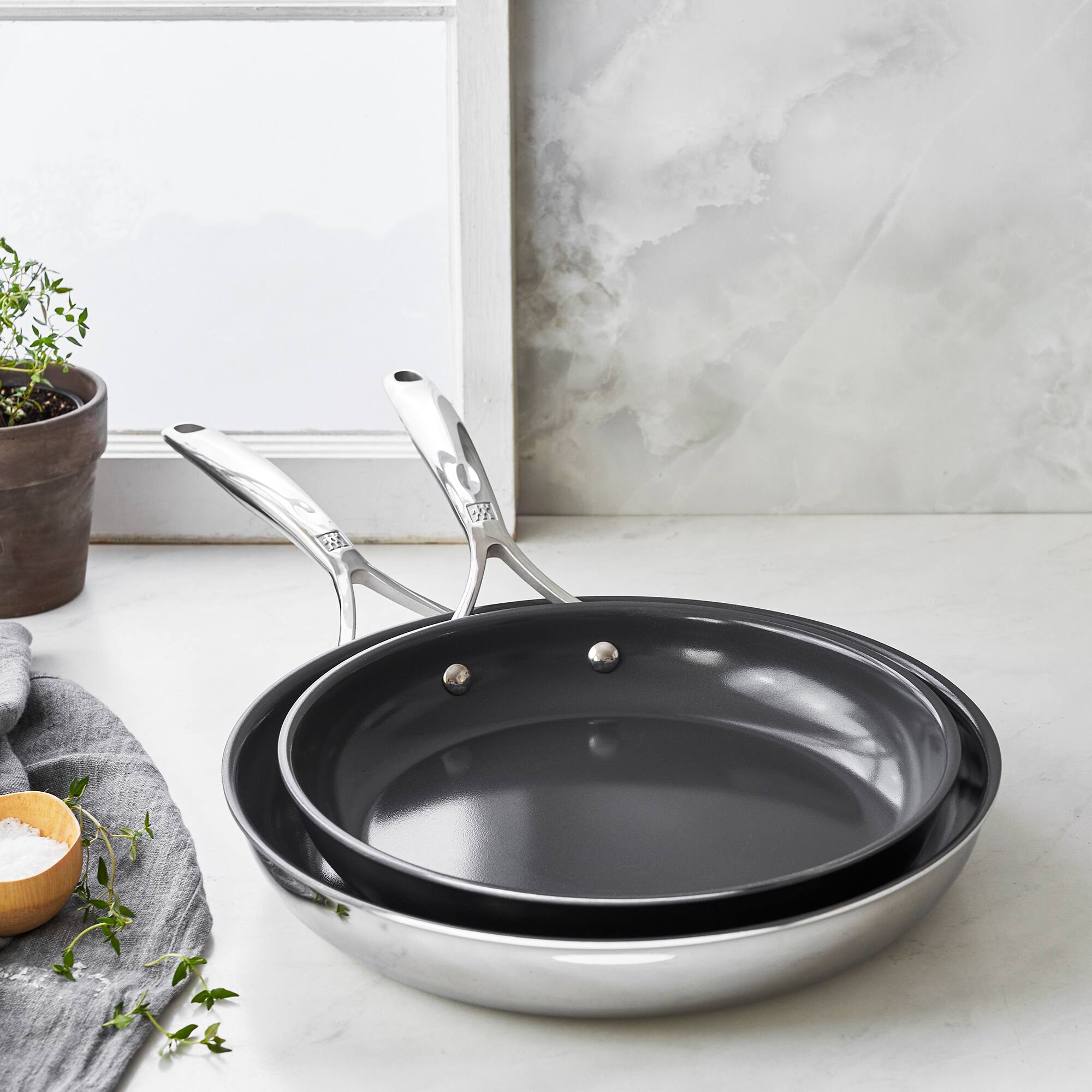 Alt View 2. ZWILLING - ZWILLING Energy Plus 2-pc Stainless Steel Ceramic Nonstick 10-in & 12-in Fry Pan Set - Stainless Steel.