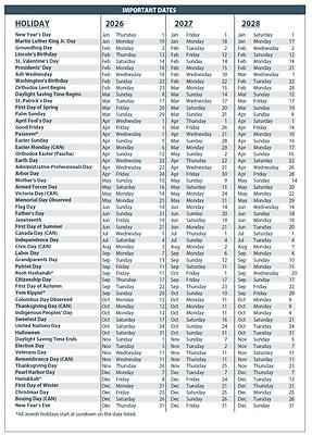 **IMPORTANT DATES**

| HOLIDAY | 2026 | 2027 | 2028 |
|---------|------|------|------|
| New Year's Day | Jan 1, Thursday | Jan 1, Friday | Jan 1, Saturday |
| Martin Luther King Jr. Day | Jan 16, Monday | Jan 16, Monday | Jan 17, Monday |
| Groundhog Day | Feb 2, Monday | Feb 2, Tuesday | Feb 2, Wednesday |
| Lincoln's Birthday | Feb 12, Sunday | Feb 12, Sunday | Feb 12, Sunday |
| St. Valentine's Day | Feb 14, Thursday | Feb 14, Monday | Feb 14, Tuesday |
| President's Day | Feb 20, Monday | Feb 20, Monday | Feb 19, Monday |
| Ash Wednesday | Feb 22, Wednesday | Feb 21, Wednesday | Feb 21, Wednesday |
| Washington's Birthday | Feb 20, Monday | Feb 20, Monday | Feb 19, Monday |
| Orthodox Lent Begins | Feb 21, Monday |