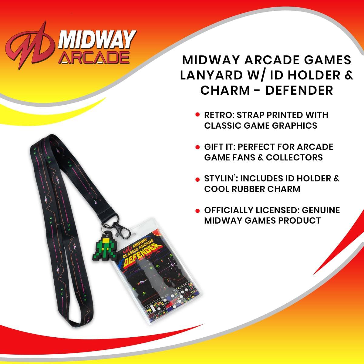 MIDWAY ARCADE GAMES LANYARD W/ ID HOLDER & CHARM - DEFENDER

- RETRO: STRAP PRINTED WITH CLASSIC GAME GRAPHICS
- GIFT IT: PERFECT FOR ARCADE GAME FANS & COLLECTORS
- STYLIN': INCLUDES ID HOLDER & COOL RUBBER CHARM
- OFFICIALLY LICENSED: GENUINE MIDWAY GAMES PRODUCT