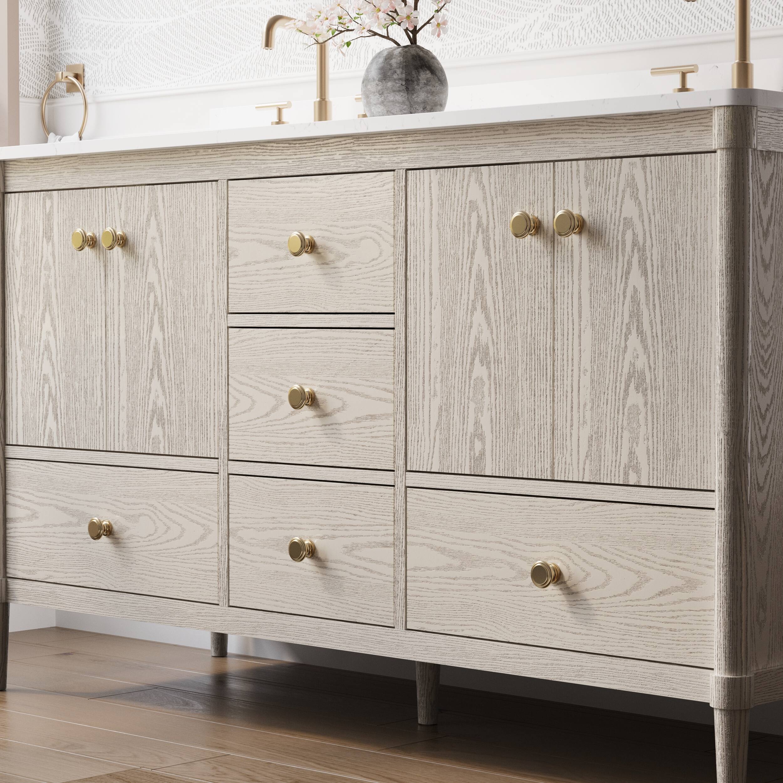 Alt View 1. WELLFOR - ETHAN 60 in. Solid Wood Bath Vanity with Quartz Top, Double Sink, Soft Close, Assembled - OAK.