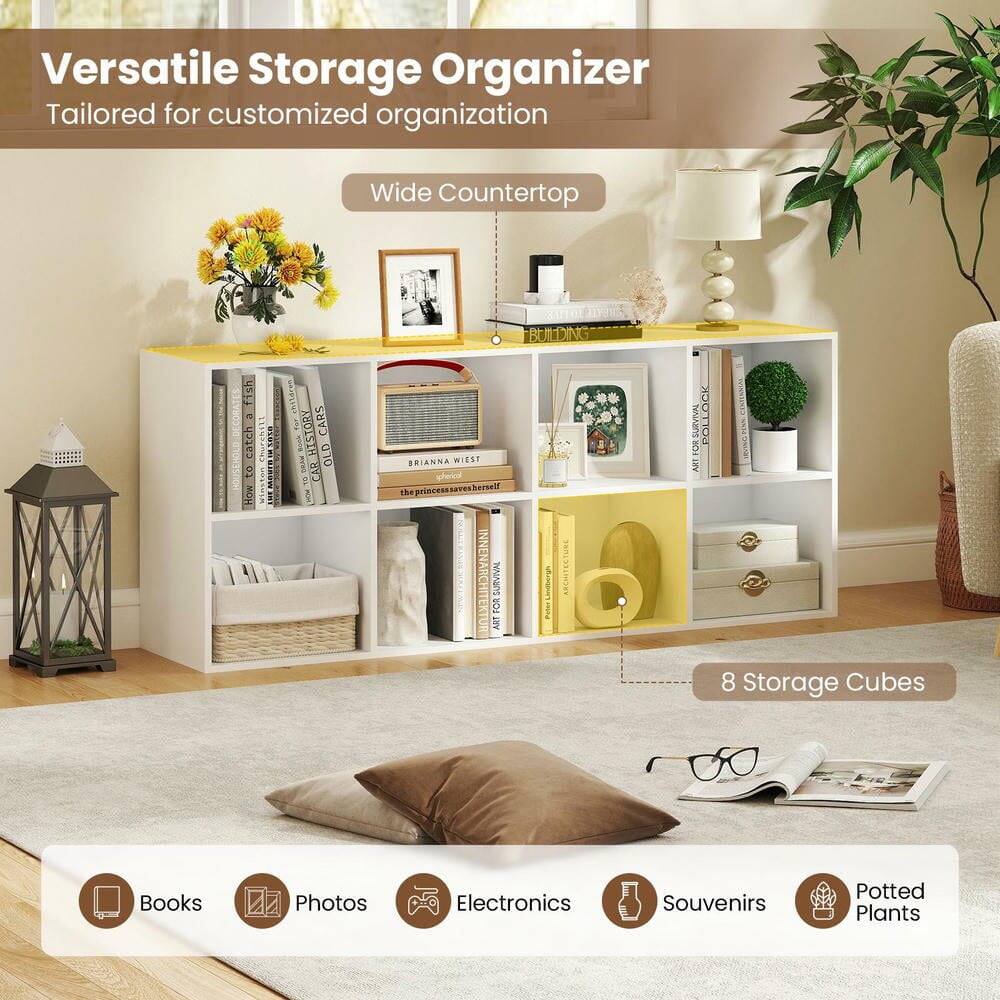 Versatile Storage Organizer  
Tailored for customized organization  

Wide Countertop  

8 Storage Cubes  

Books  
Photos  
Electronics  
Souvenirs  
Potted Plants