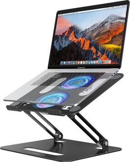 HongFei - Adjustable Laptop Cooling Stand with 2 Quiet Fans & RGB Lighting, Aluminum Alloy & Foldable Design for 10-16 Inch - Black