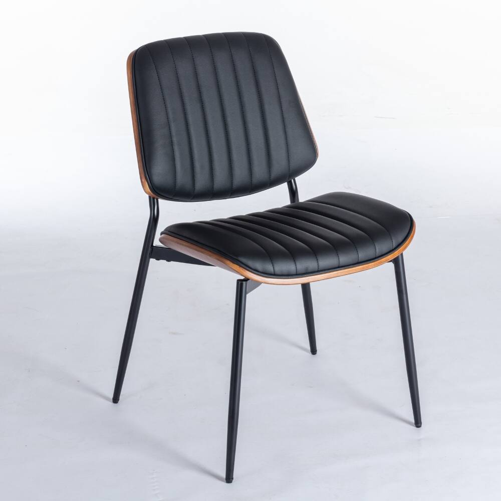 Back. Loheer - Loheer Mid Century Modern Dining Chairs Set of 2 Walnut Bentwood Black Faux Leather - Black.