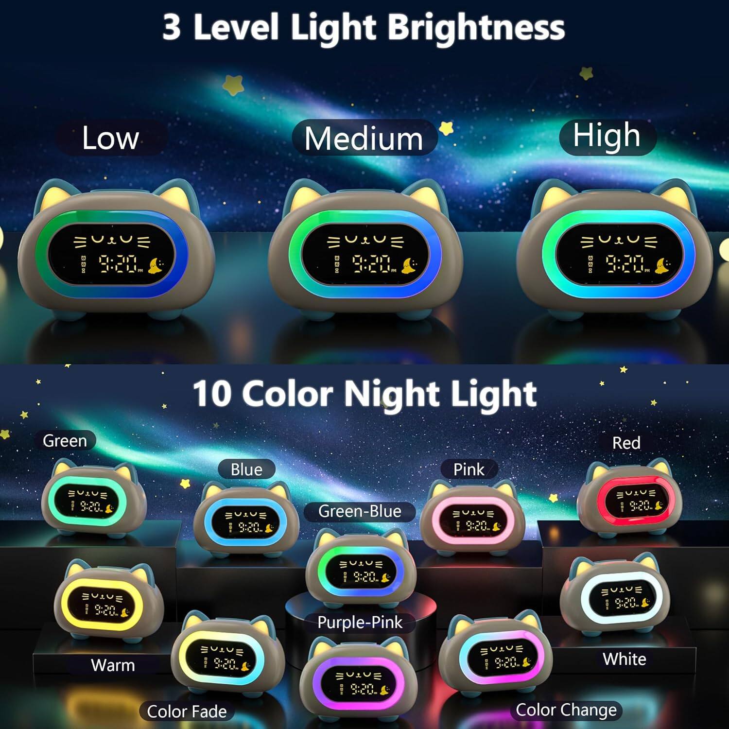 3 Level Light Brightness  
Low Medium High  

10 Color Night Light  
Green Blue Green-Blue Red Warm Purple-Pink White  

Color Fade Color Change