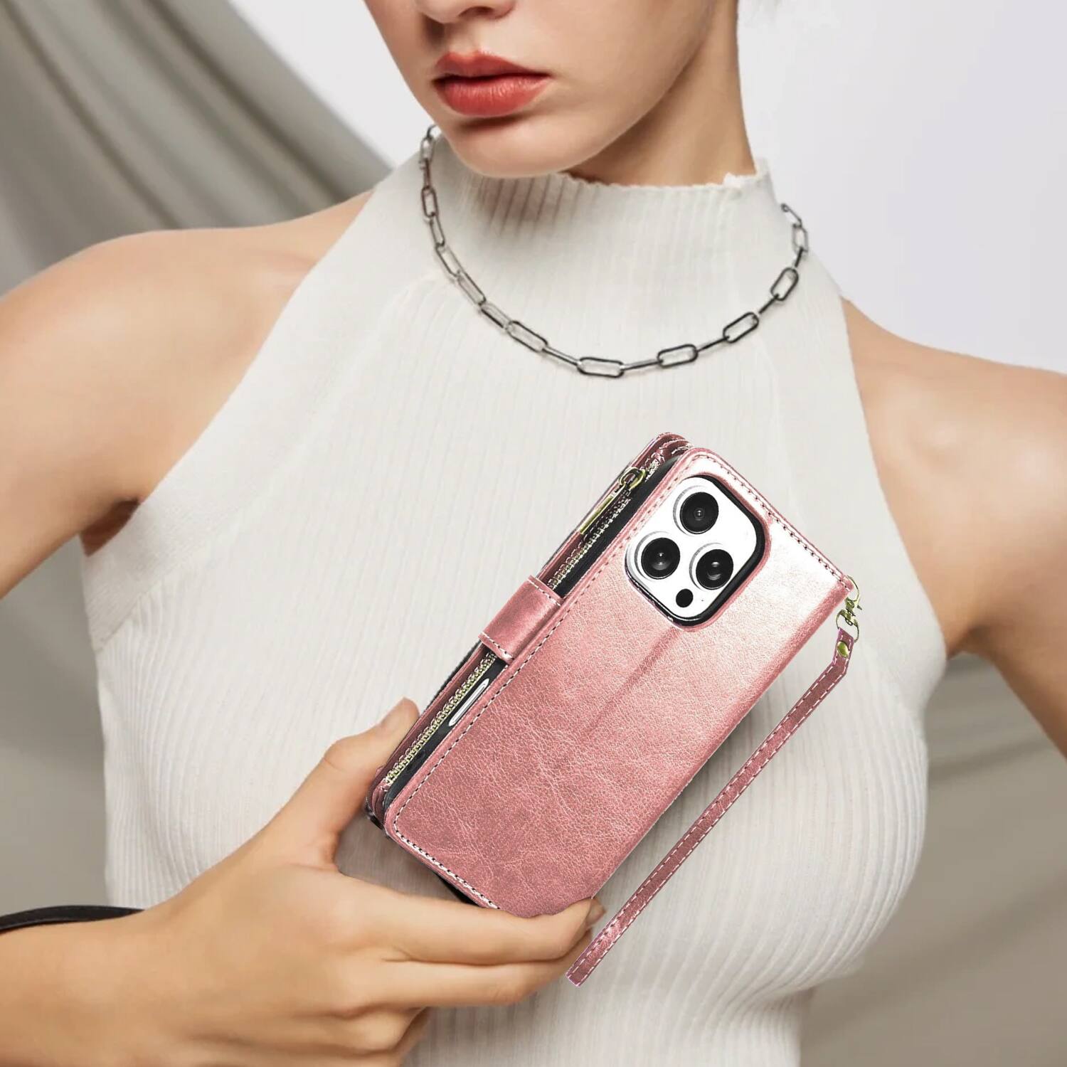 Alt View 7. Equipd - Phone Case for iPhone 16 Pro Max 6.9", Luxury Wallet Card ID Zipper Money Holder Cover (Rose Gold) - Rose Gold.