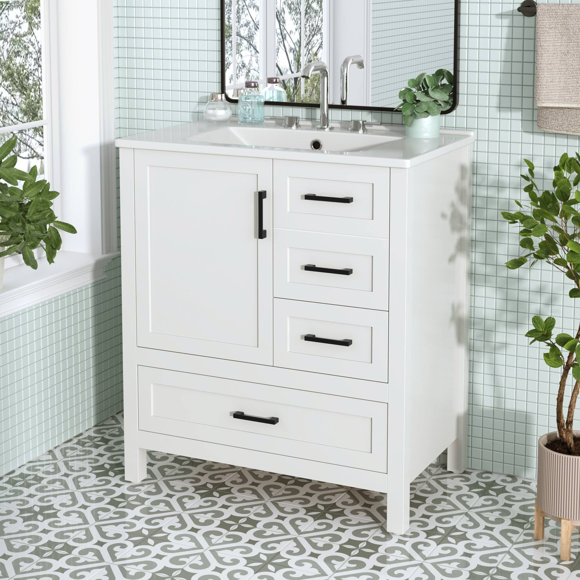 Alt View 4. Boyel Living - 30 Inch White Bathroom Vanity with Ceramic Sink Soft Close Storage and Solid Wood Frame - White.