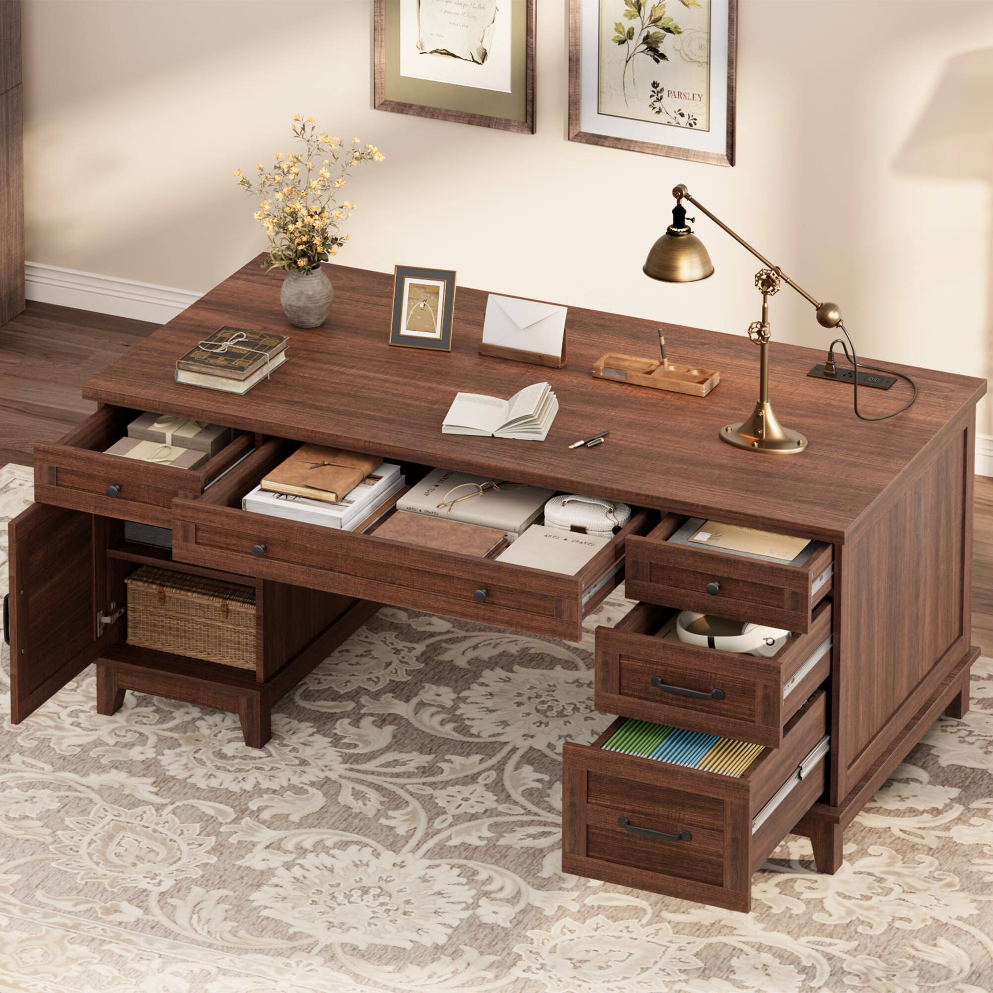 Alt View 1. Jojoka - 60" Executive Desk with File Drawers, Farmhouse Home Office Desk with Charging Station - Brown.