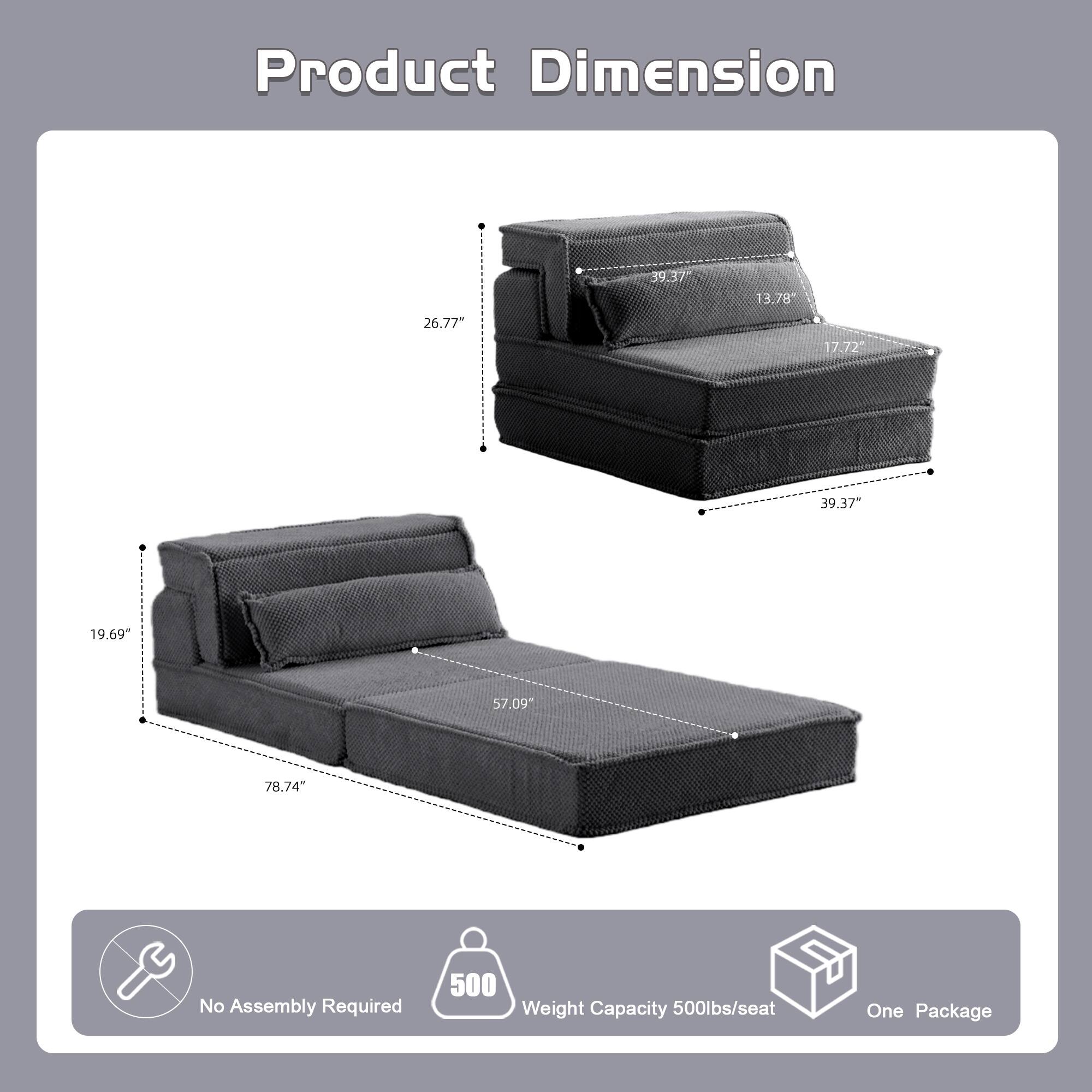 Product Dimension: 26.77" x 39.37" x 13.78" x 17.72" x 39.37" x 19.69" x 57.09" x 78.74"  
No Assembly Required  
Weight Capacity: 500lbs/seat  
One Package