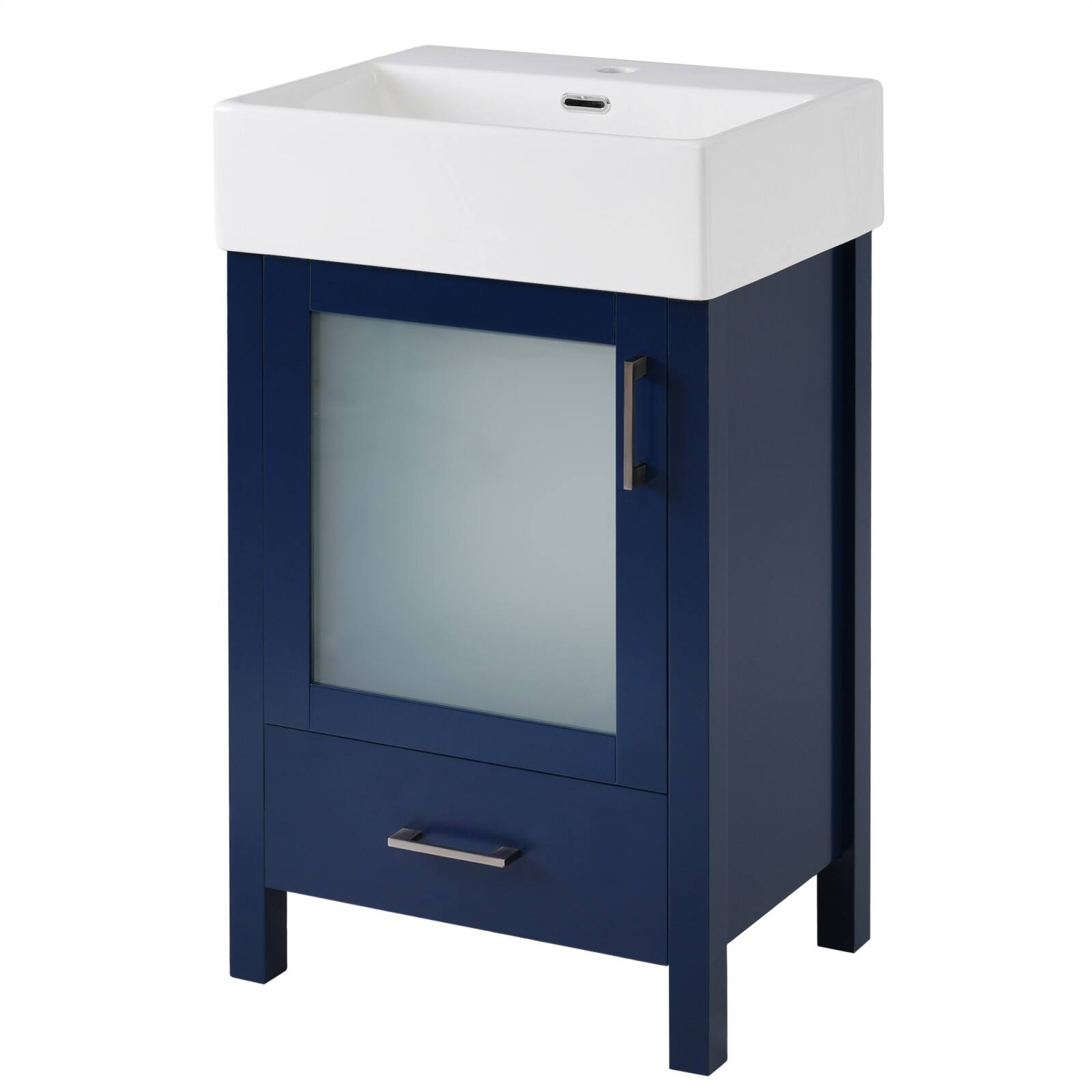 Front. Glintex - 20 Inch Bathroom Vanity with Ceramic Sink, Drawer, and Soft-Close Door - Blue.