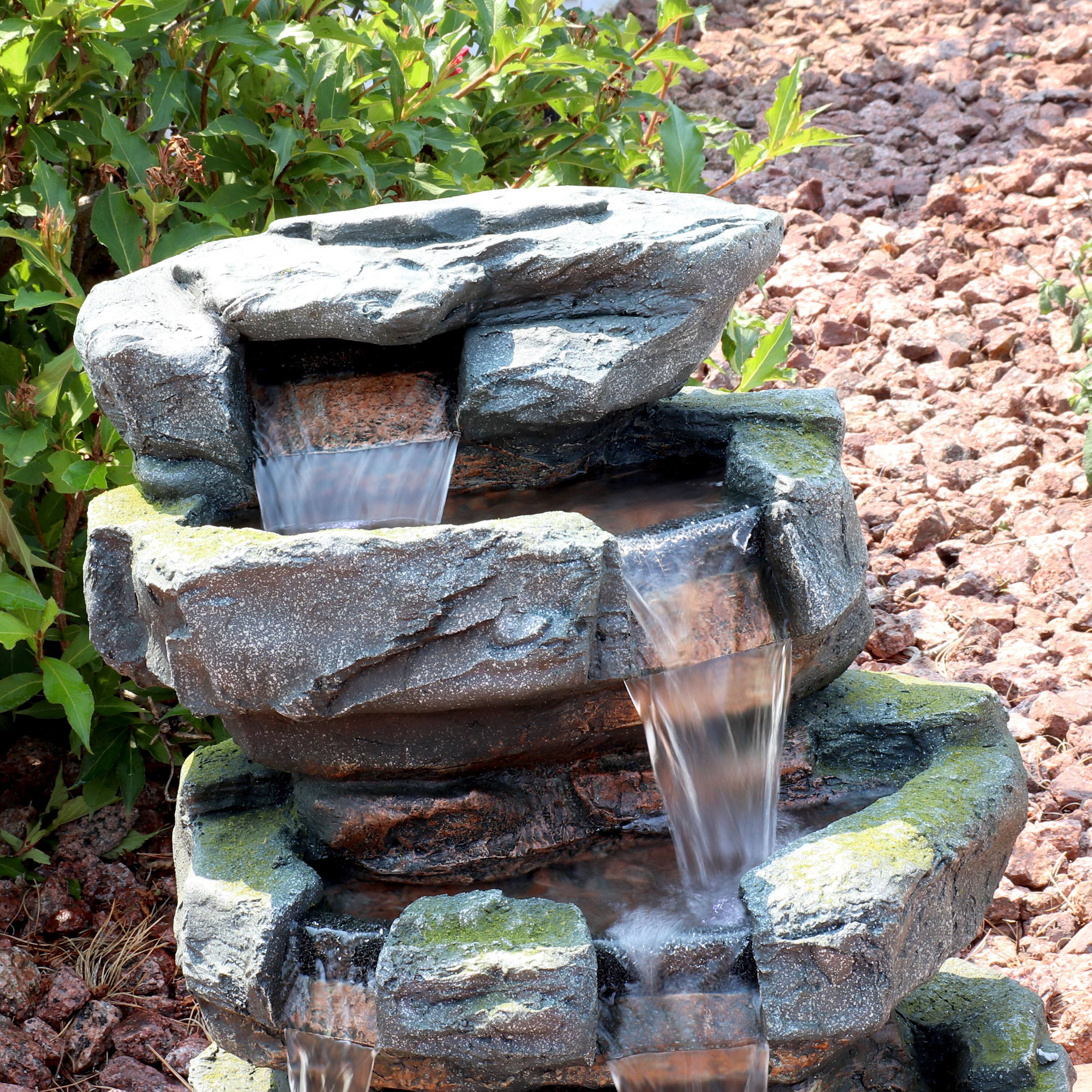 Alt View 4. Sunnydaze - Electric Tiered Stone Waterfall Fountain with LED Lights - 23 in - Light Brown.