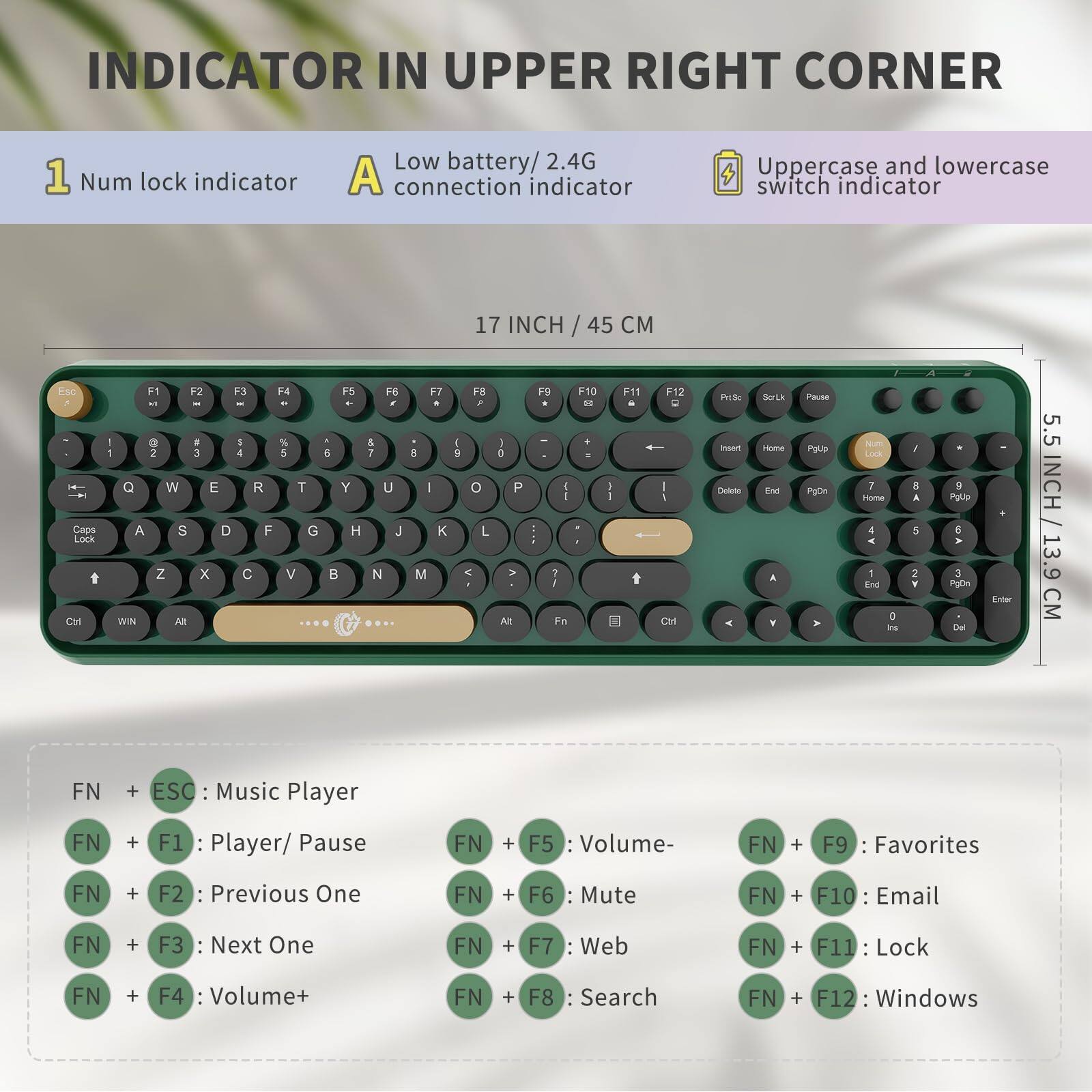 **INDICATOR IN UPPER RIGHT CORNER**

1. Num lock indicator  
2. Low battery/2.4G connection indicator  
3. Uppercase and lowercase switch indicator  

**17 INCH / 45 CM**  
**5.5 INCH / 13.9 CM**

**KEYBOARD LAYOUT**

- F1 F2 F3 F4 F5 F6 F7 F8 F9 F10 F11 F12  
- 1 2 3 4 5 6 7 8 9 0 - =  
- Q W E R T Y U I O P  
- A S D F G H J K L ; '  
- Z X C V B N M , . /  
- Ctrl WIN Alt  
- Insert Home PgUp Delete End PgDn  
- 1 2 3 4 5 6 7 8 9 0 - =  
- PrgSc SysRq Pause  
- Fn + ESC: Music Player  
- Fn + F1: Player/ Pause  
- Fn + F2: Previous One  
- Fn + F3: Next One  
- Fn + F4: Volume+  
-