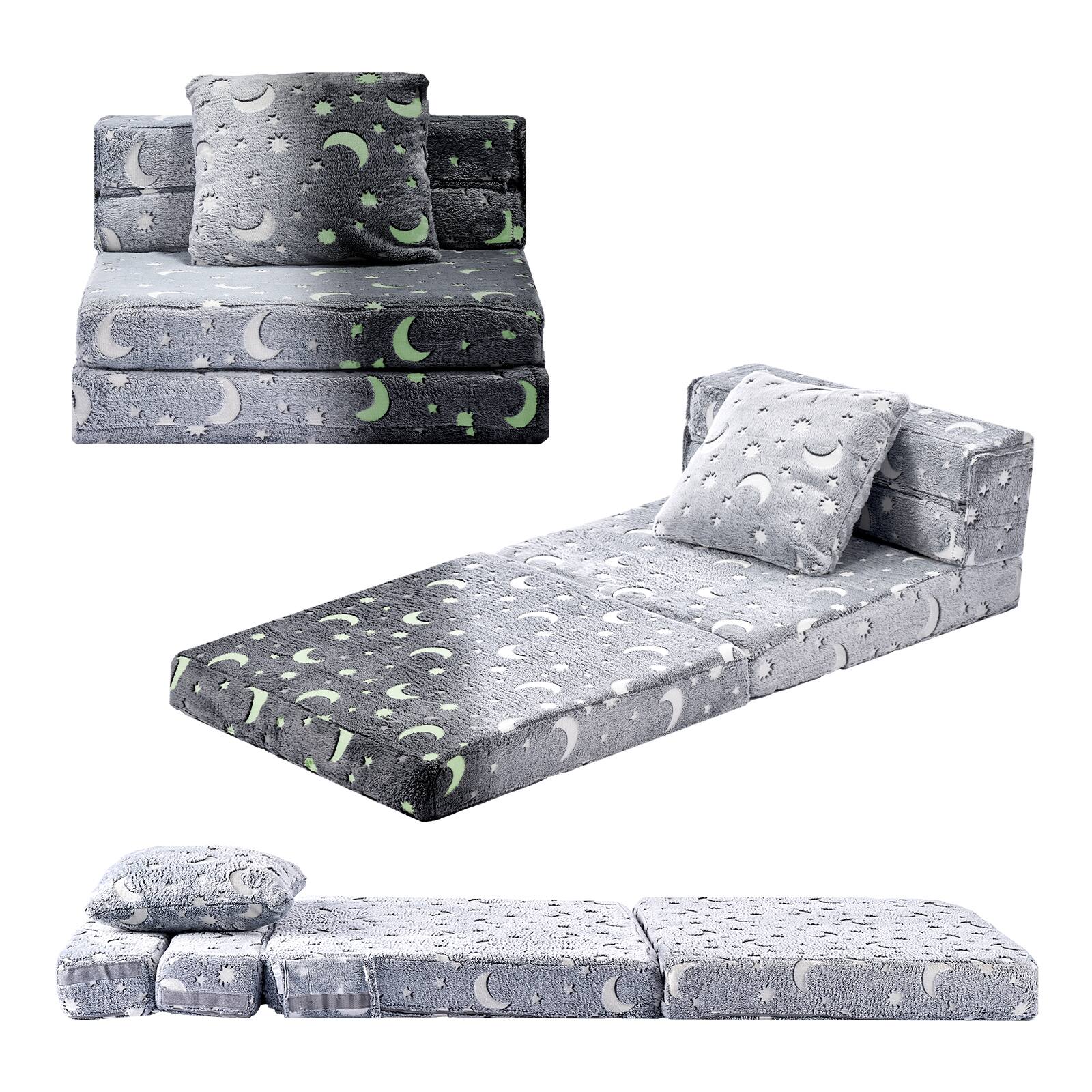 Front. VEVOR - 3-in-1 Kids Sofa, Foldable Toddler Soft Couch, Glow in the Dark Kids Couch Fold Out with 28D Sponge & Flannel Fabric - Gray.