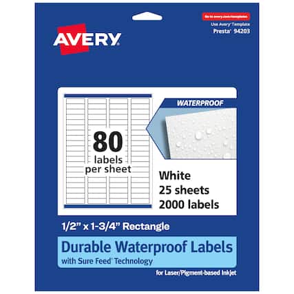 Go to avery.com/templates
AVERY
Use Avery™ Template Presta 94203
WATERPROOF
80 labels per sheet
White
25 sheets
2000 labels
1/2" X 1-3/4" Rectangle
Durable Waterproof Labels with Sure Feed Technology for Laser/Pigment-based Inkjet